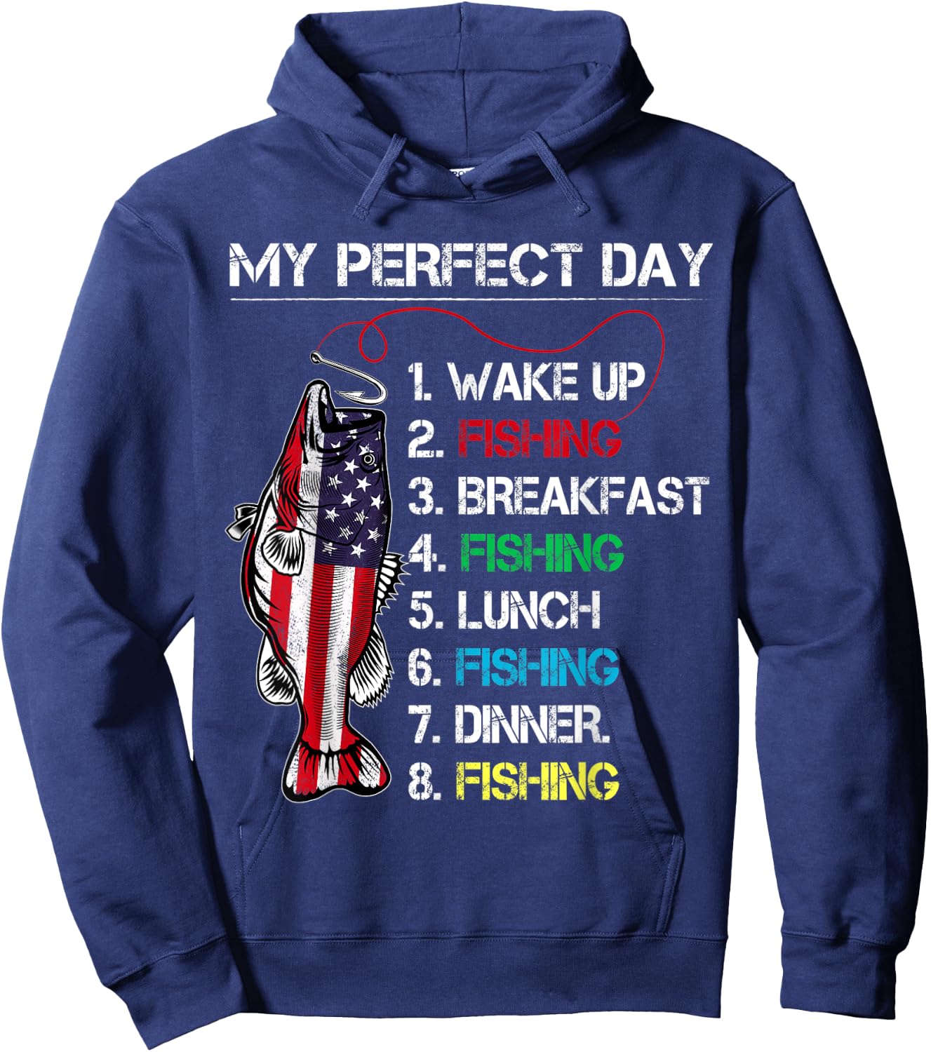My Perfect Day Fishing Gift Fishermen American Flag Vintage Hoodie - Hoodie | Navy