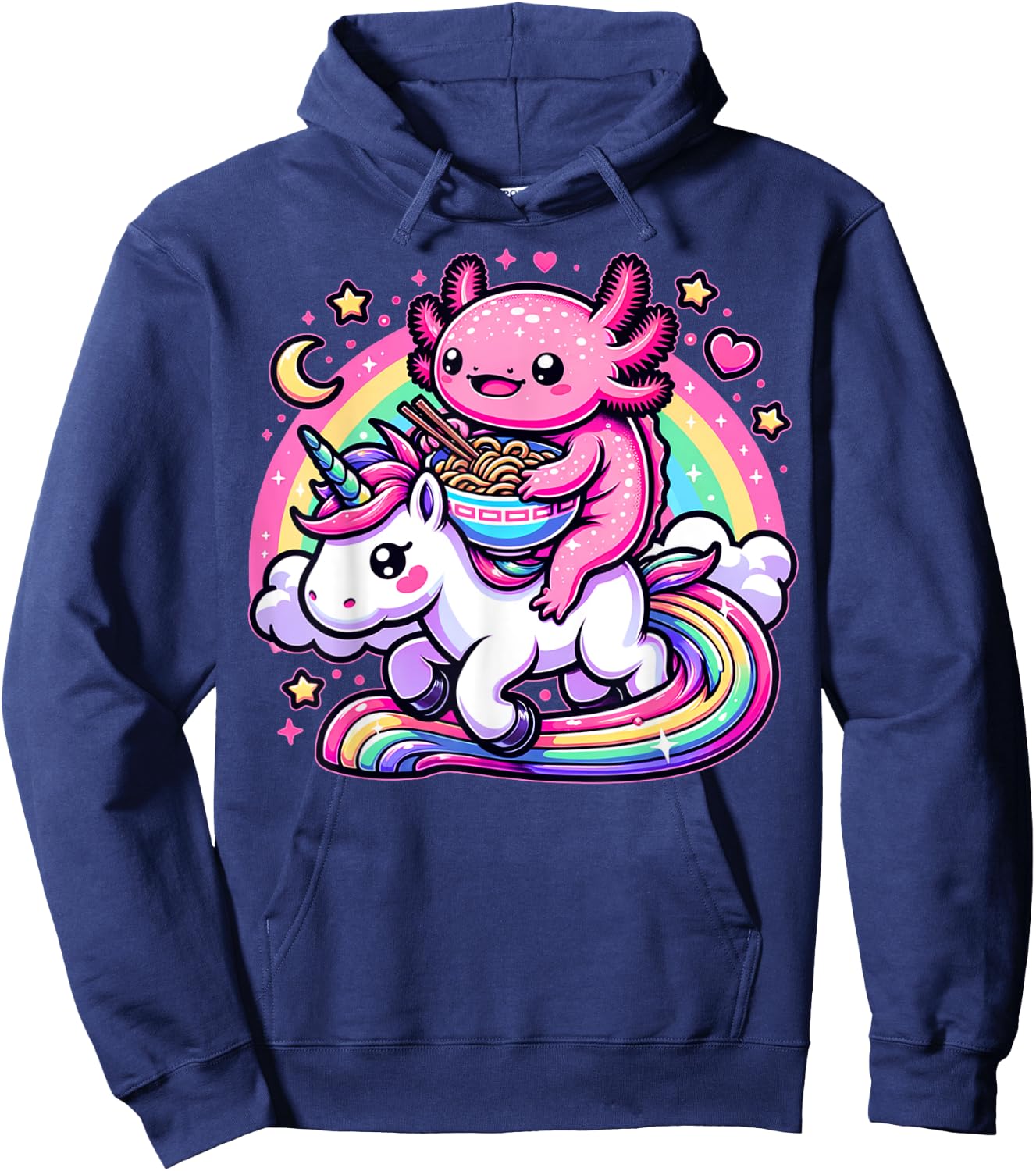 Anime Kawaii Axolotl Eating Ramen Noodles Kids Teen Girl Boy Hoodie - Hoodie | Navy
