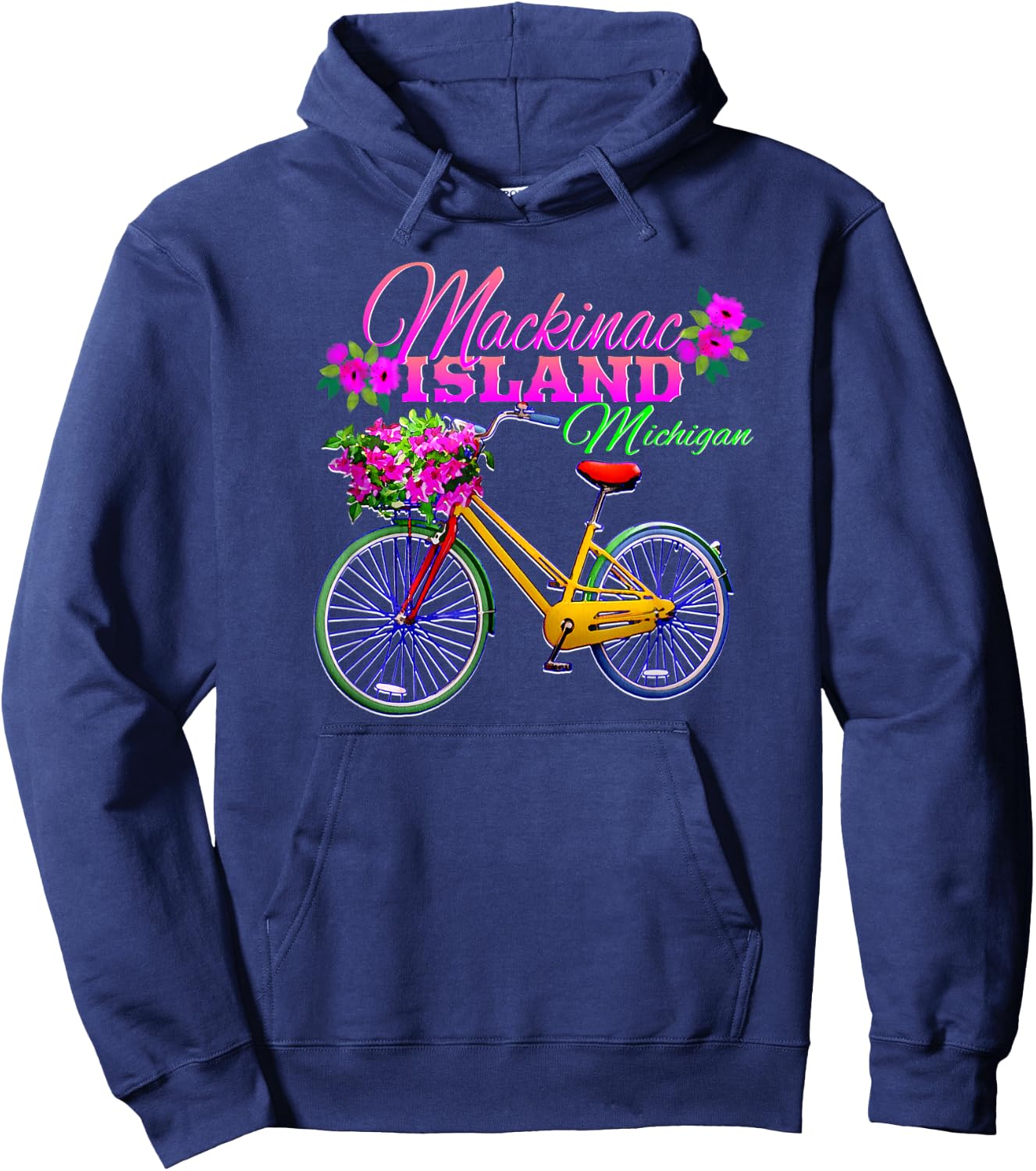 Mackinac Island Michigan Gift Vintage Bike Flowers Hoodie - Hoodie | Navy