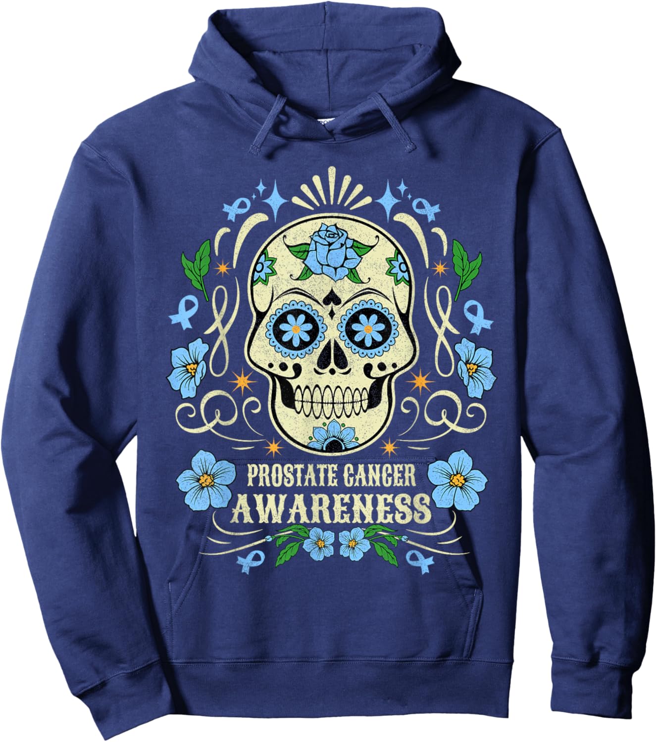Skull Flower Prostate Cancer Awareness Retro Blue Ribbon Hoodie - Hoodie | Navy