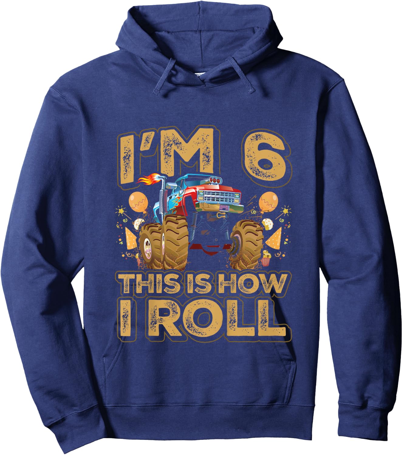 Kids 6 Year Old Boy Toddler Monster Truck Party 6th Birthday Hoodie - Hoodie | Navy