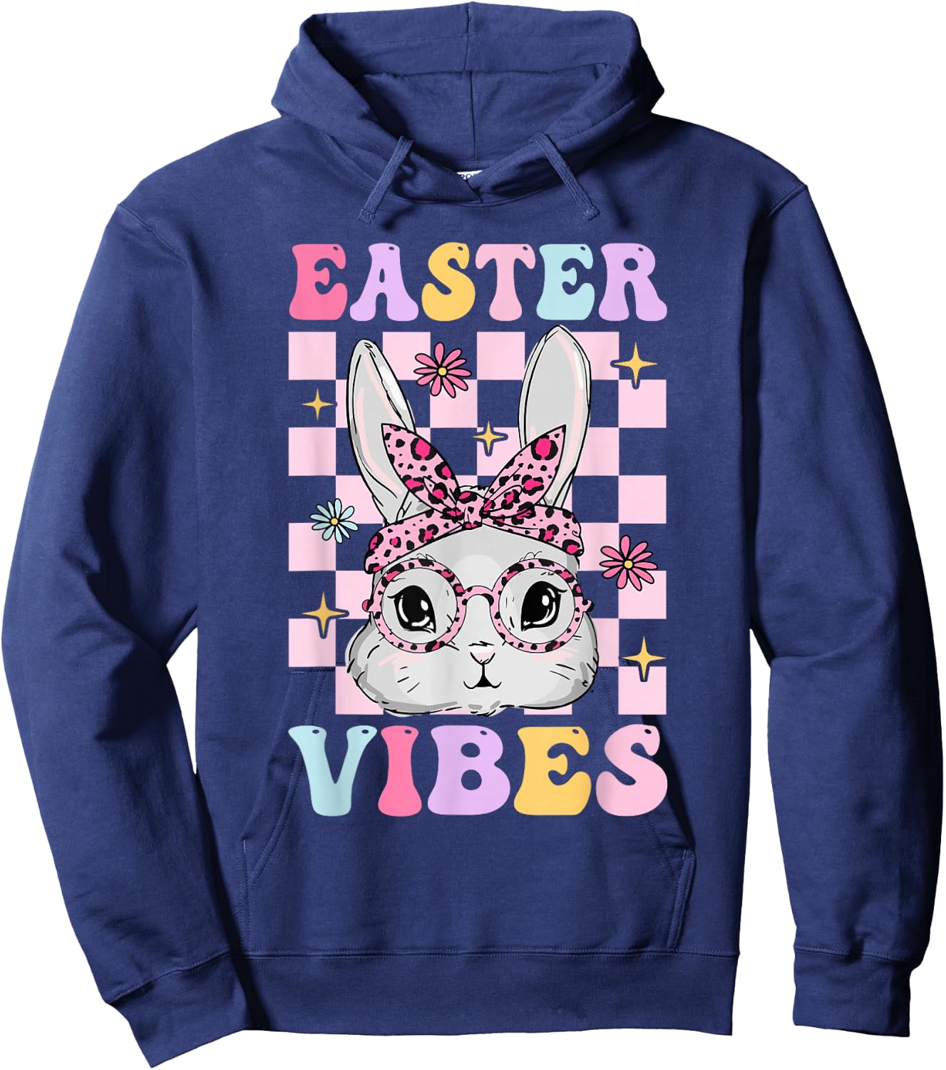 Retro Groovy Easter Vibes Bunny Checkered For Girls Hoodie - Hoodie | Navy