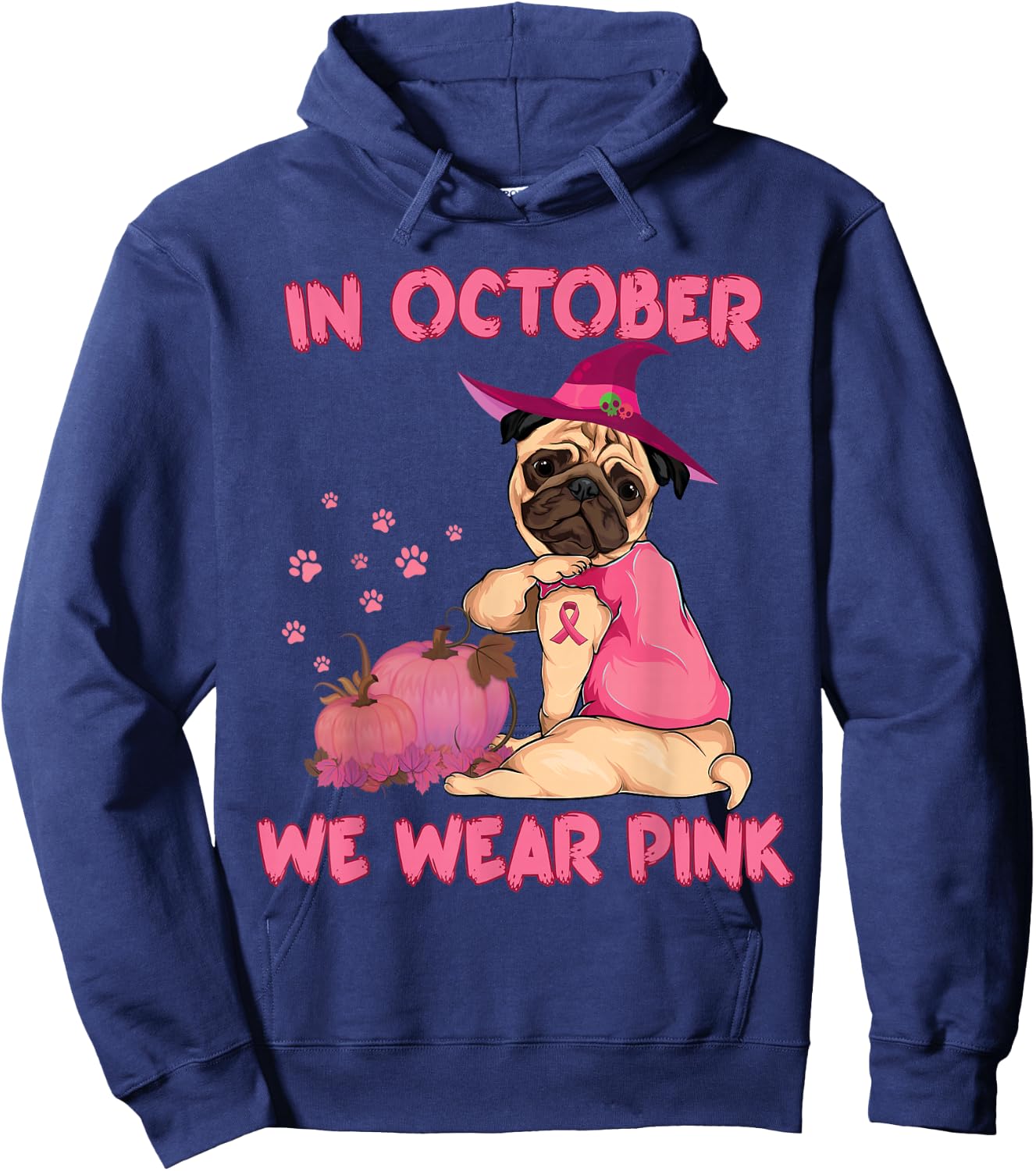 In October We Wear Pink Pug Dog Breast Cancer Halloween Hoodie - Hoodie | Navy