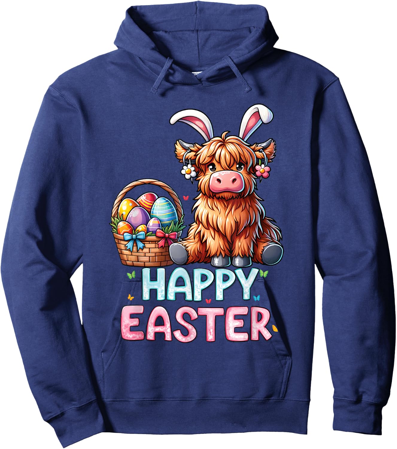 Happy Easter Day Highland Cow Cute Easter Bunny Women Kids Hoodie - Hoodie | Navy