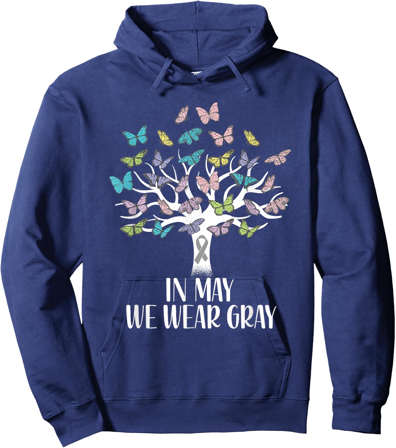 In May We Wear Gray Brain Cancer Awareness Butterfly Tree Hoodie - Hoodie | Navy