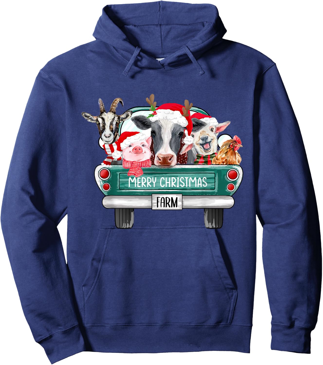 Christmas Farm Animals Truck Santa Hat Family Pajamas Xmas Hoodie - Hoodie | Navy