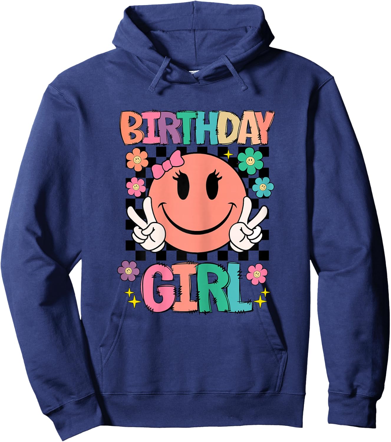 Birthday Girl Daisy Happy Face Checkered Pattern Smile Face Hoodie - Hoodie | Navy