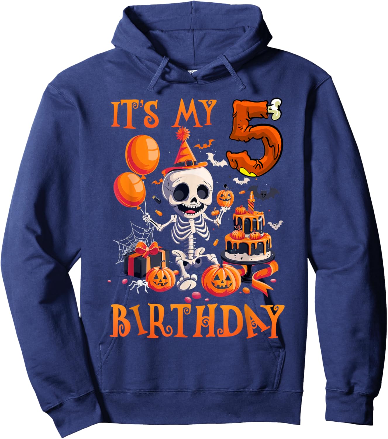 Kids Boo It's My 5th Birthday Halloween Skeleton 5 Years Old Hoodie - Hoodie | Navy