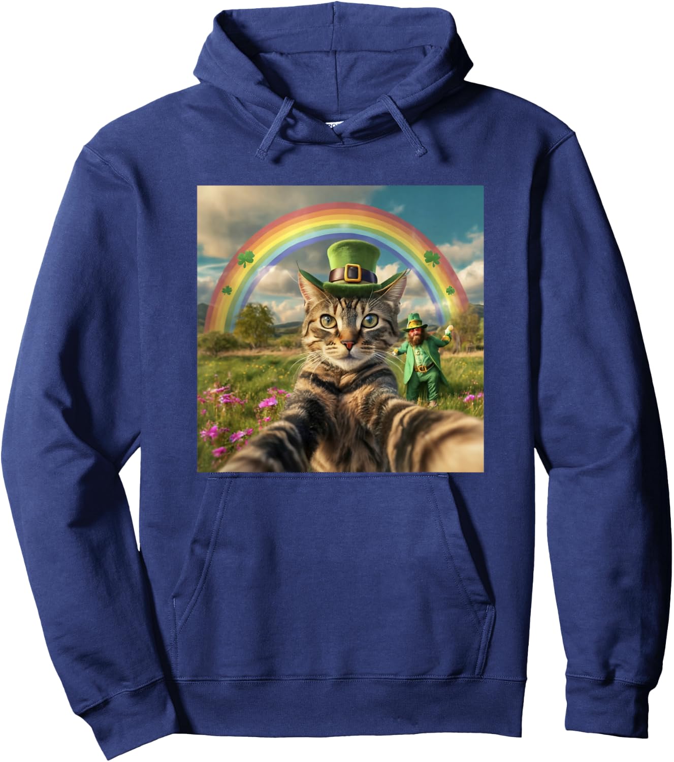 St Patrick's Day Cat Selfie with Leprechaun Funny Photo Hoodie - Hoodie | Navy