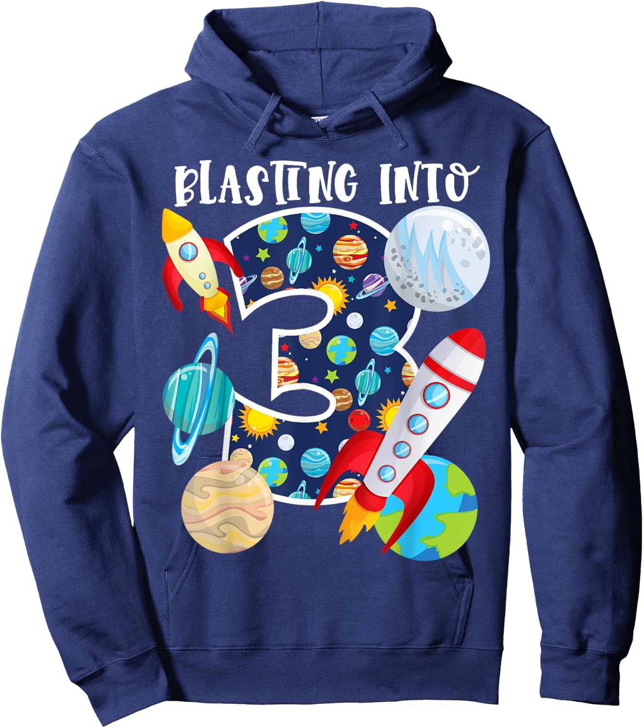 Blasting Into Outer Space 3 Year Old 3rd Birthday Party Kids Hoodie - Hoodie | Navy