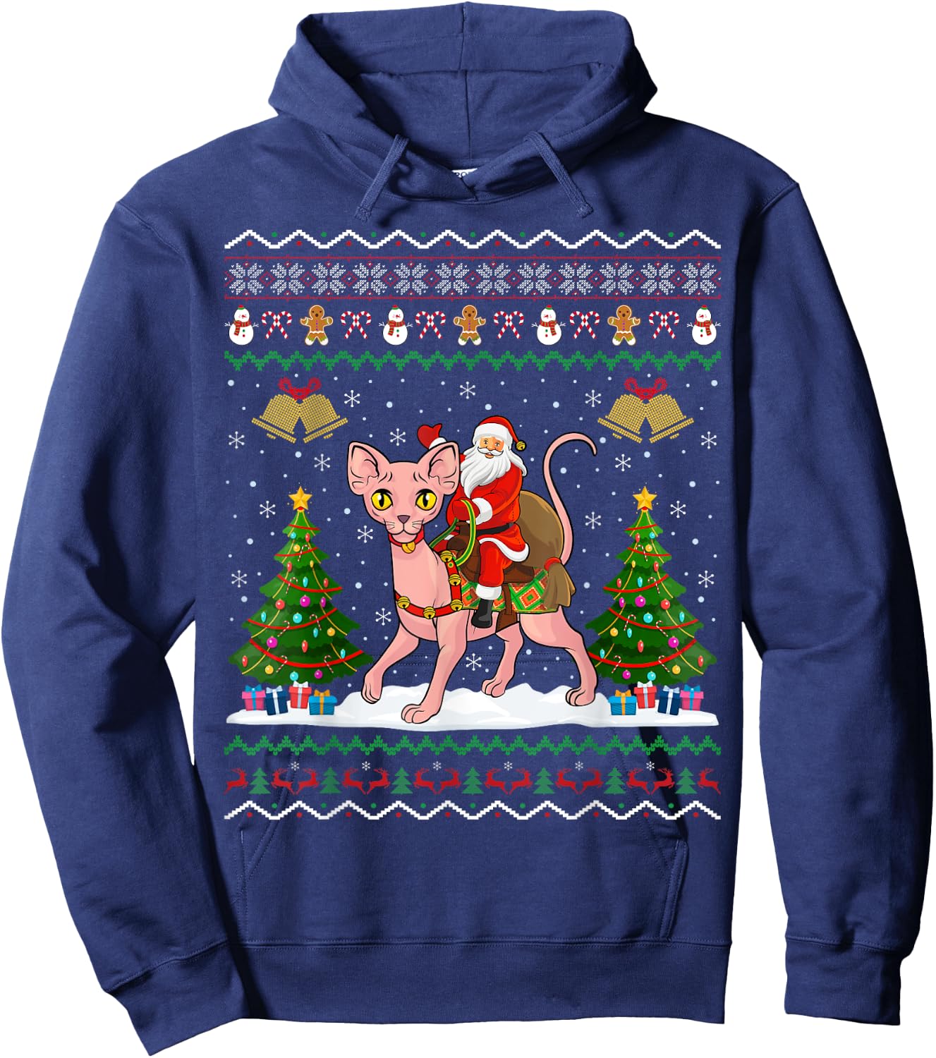 Ugly Sphynx Cat Xmas Gift Santa Riding Sphynx Cat Christmas Women Kids Hoodie - Hoodie | Navy