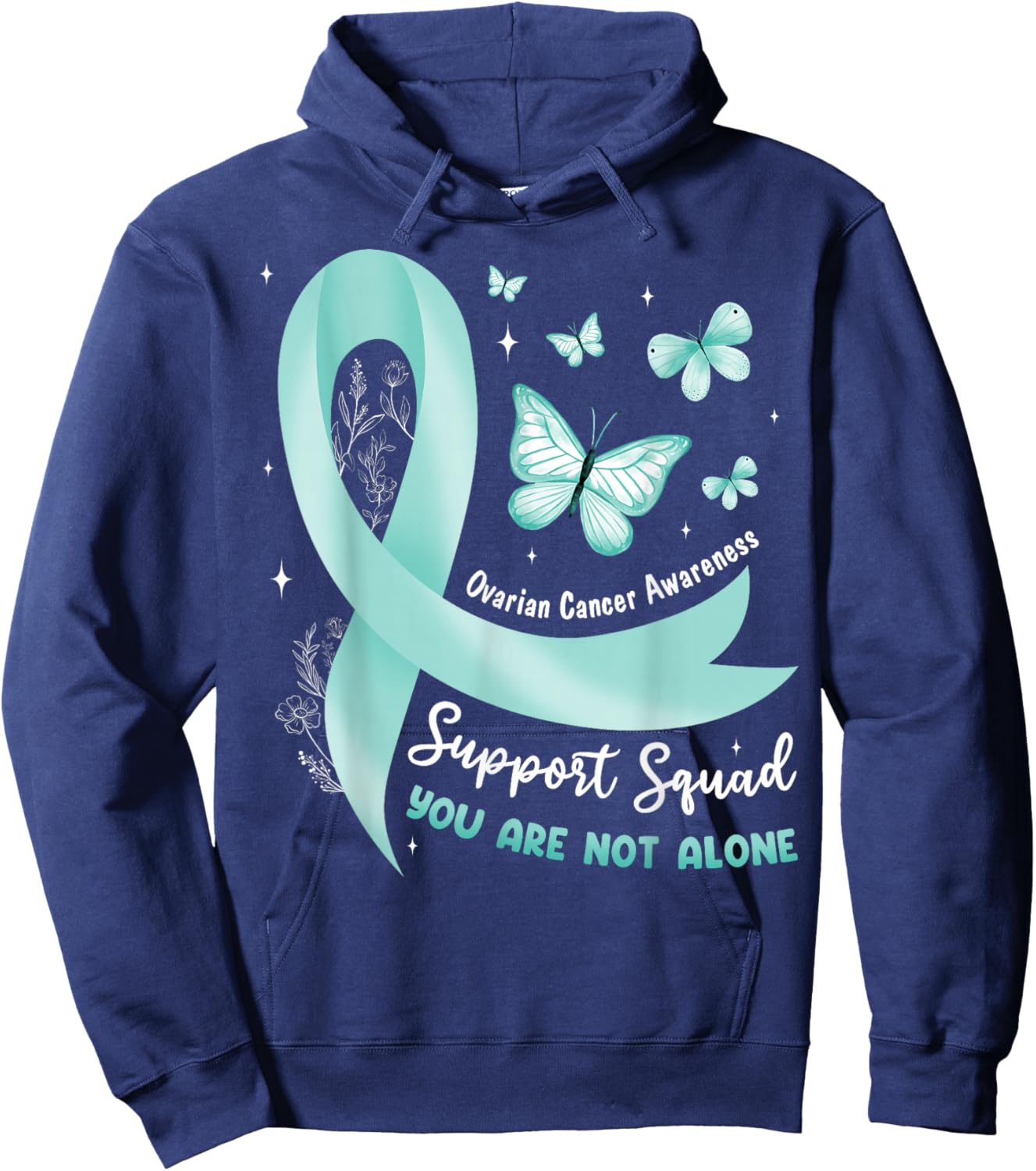Support Squad Ovarian Cancer Awareness Teal Ribbon Butterfly Hoodie - Hoodie | Navy