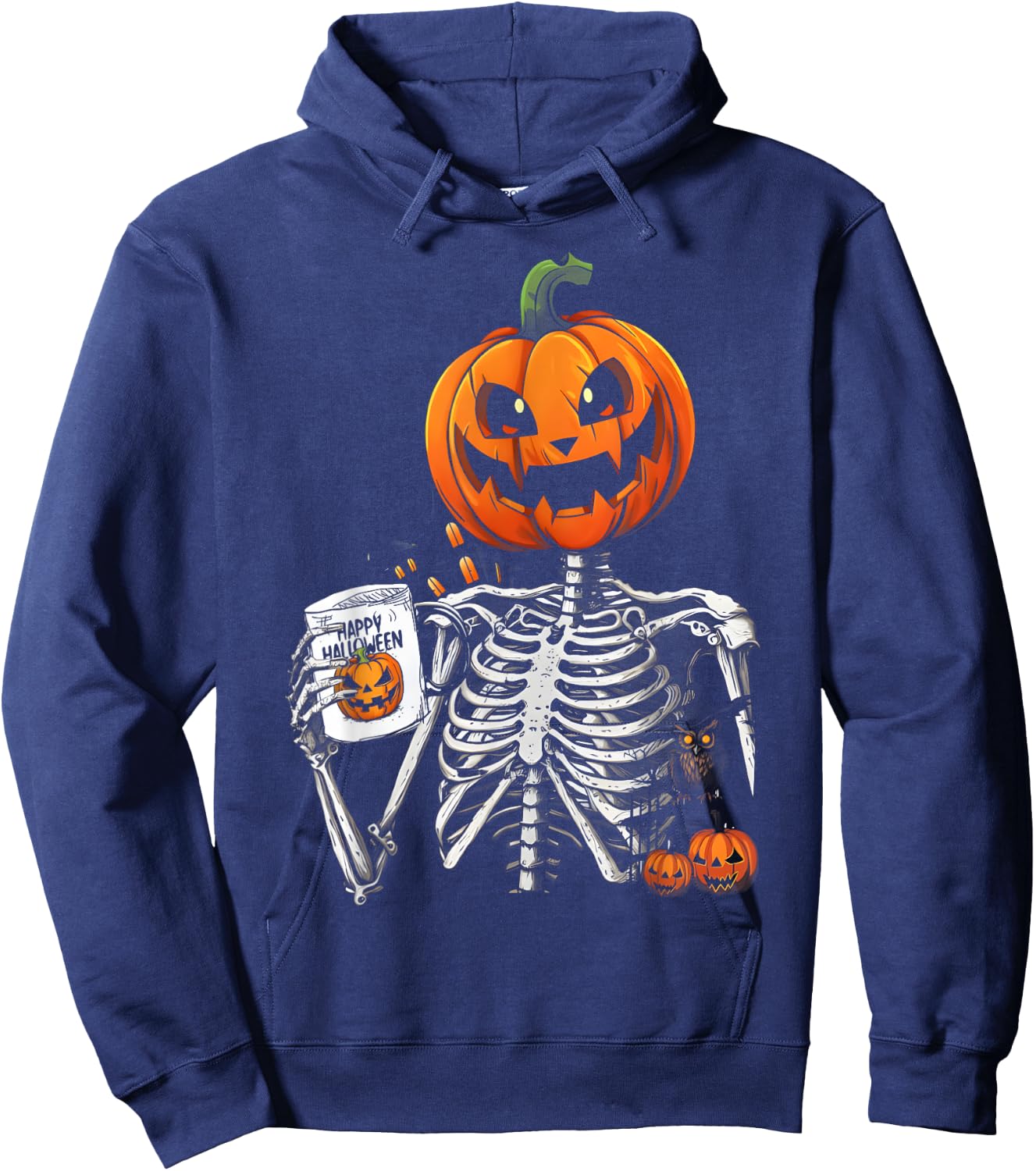 Coffee Drinking Skeleton Pumpkin Halloween Costume Women Men Hoodie - Hoodie | Navy