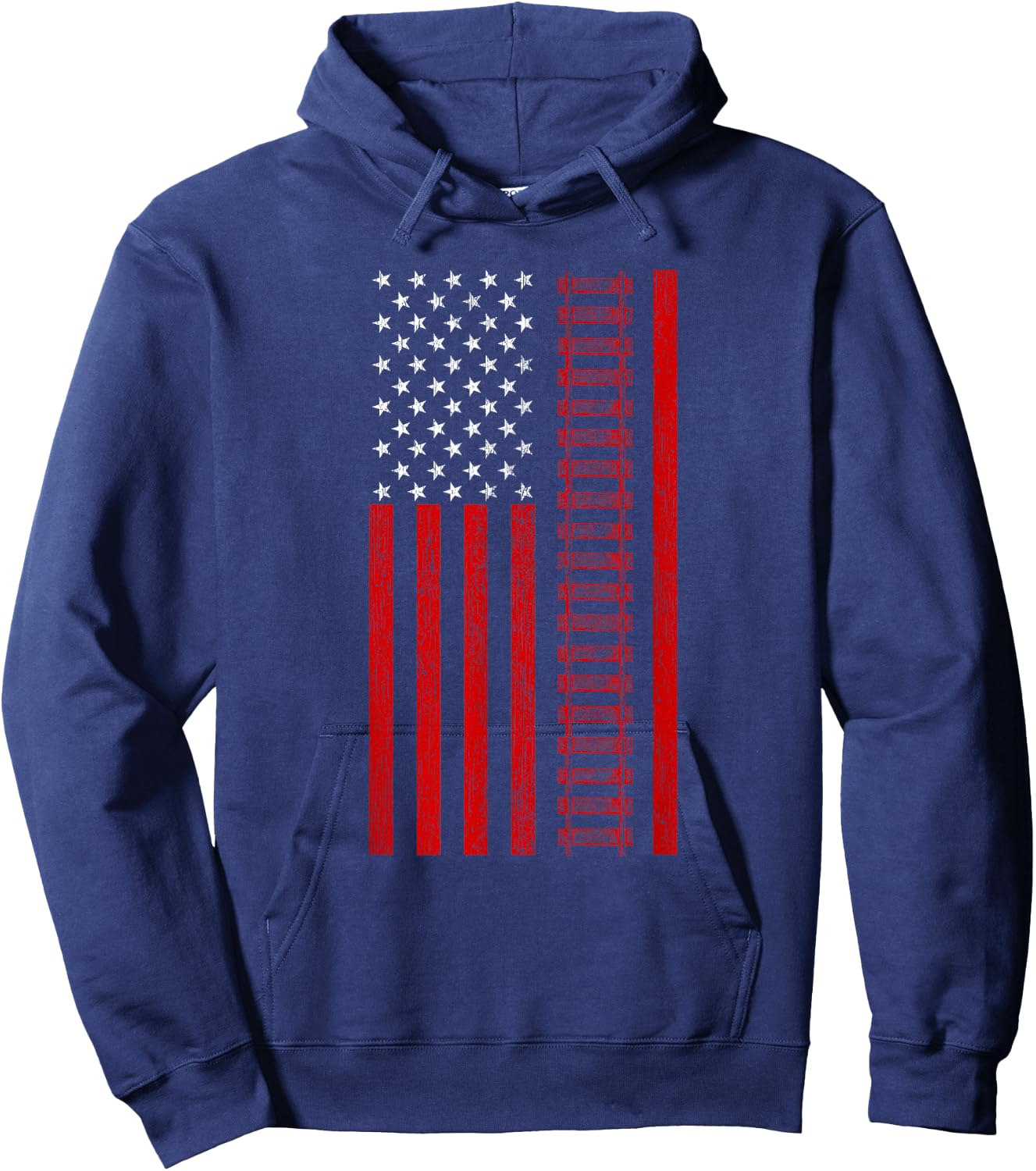American Railroad Worker Flag With Train Tracks Distressed Hoodie - Hoodie | Navy