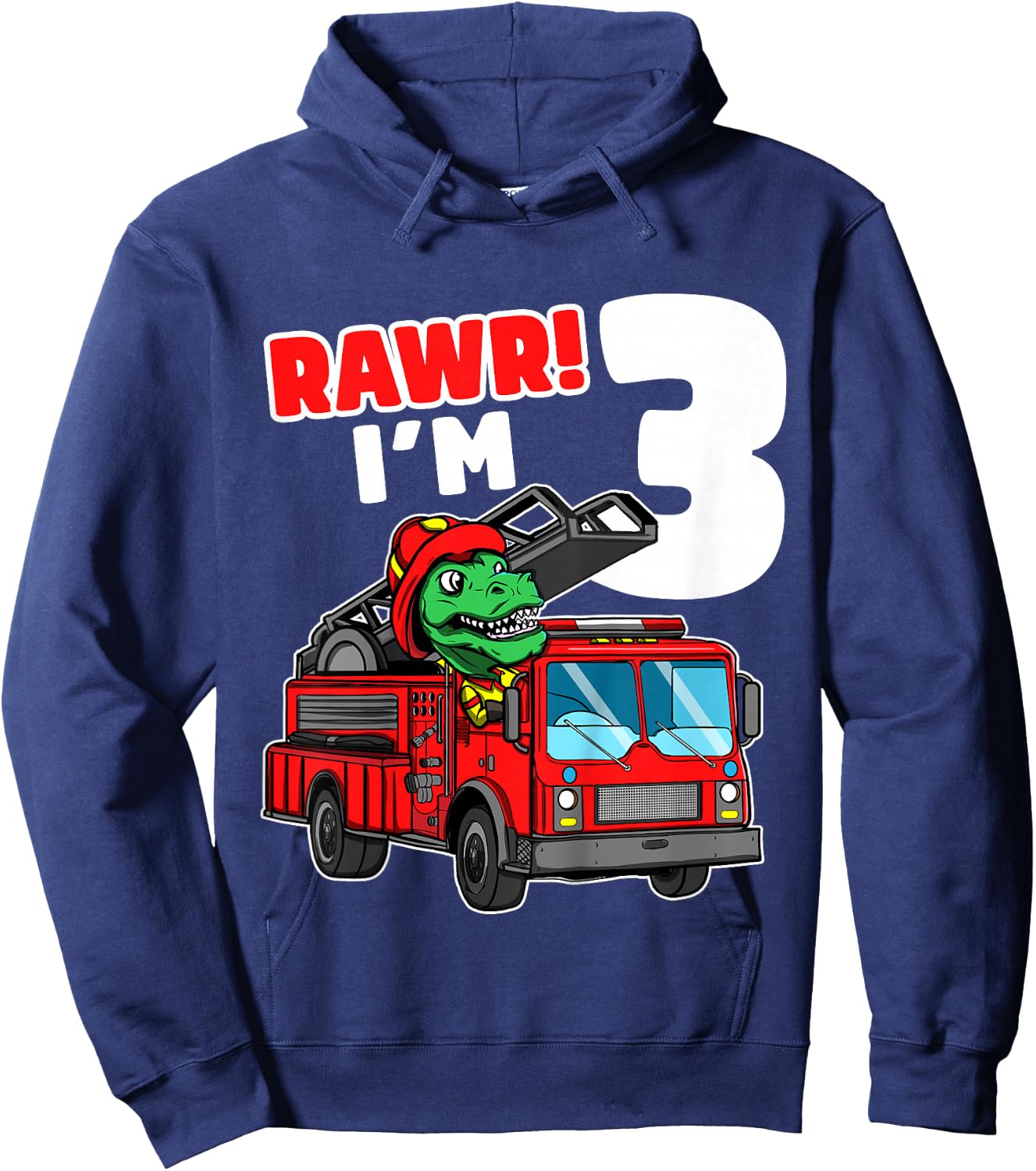 Kids Dinosaur Fire Truck 3rd Birthday Boy 3 T-Rex Firefighter Hoodie - Hoodie | Navy