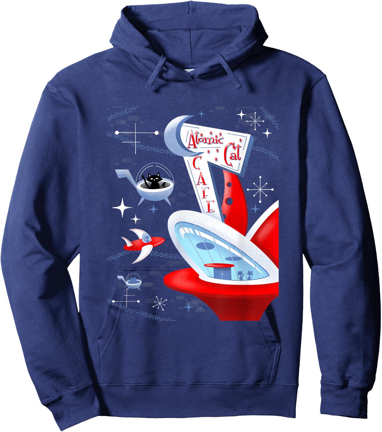 Funny Atomic Cat Cafe Retro Futuristic Spaceport Mid Century Hoodie - Hoodie | Navy