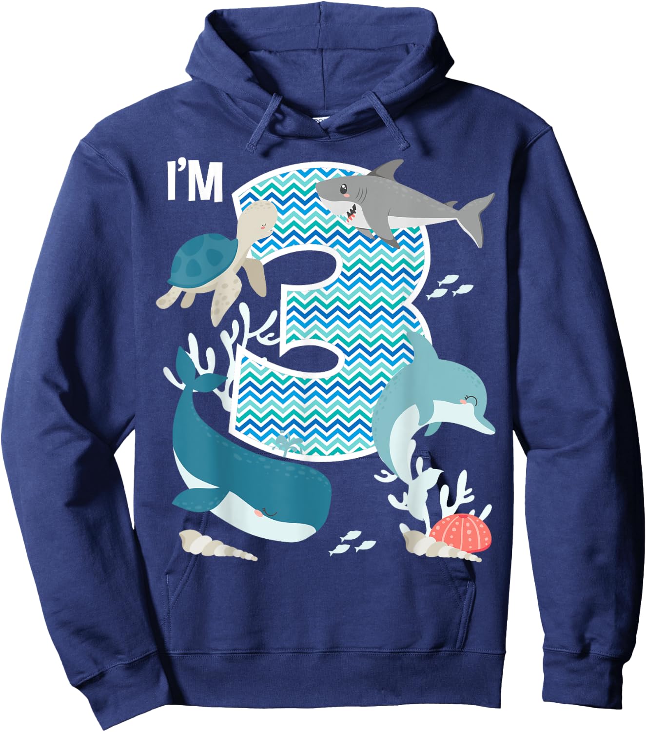 Kids 3 Year Old Ocean Life Whale Dolphin Shark 3rd Birthday Hoodie - Hoodie | Navy
