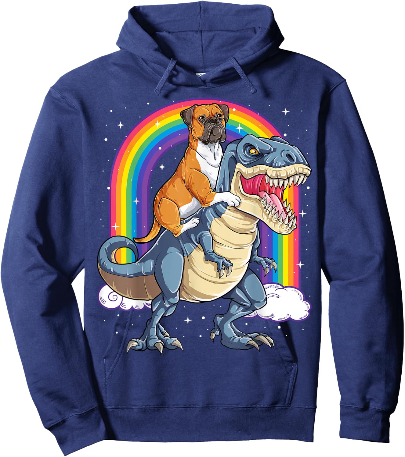 Boxer Riding Dinosaur T-rex Gift Dog Lover Boys Kids Rainbow Hoodie - Hoodie | Navy