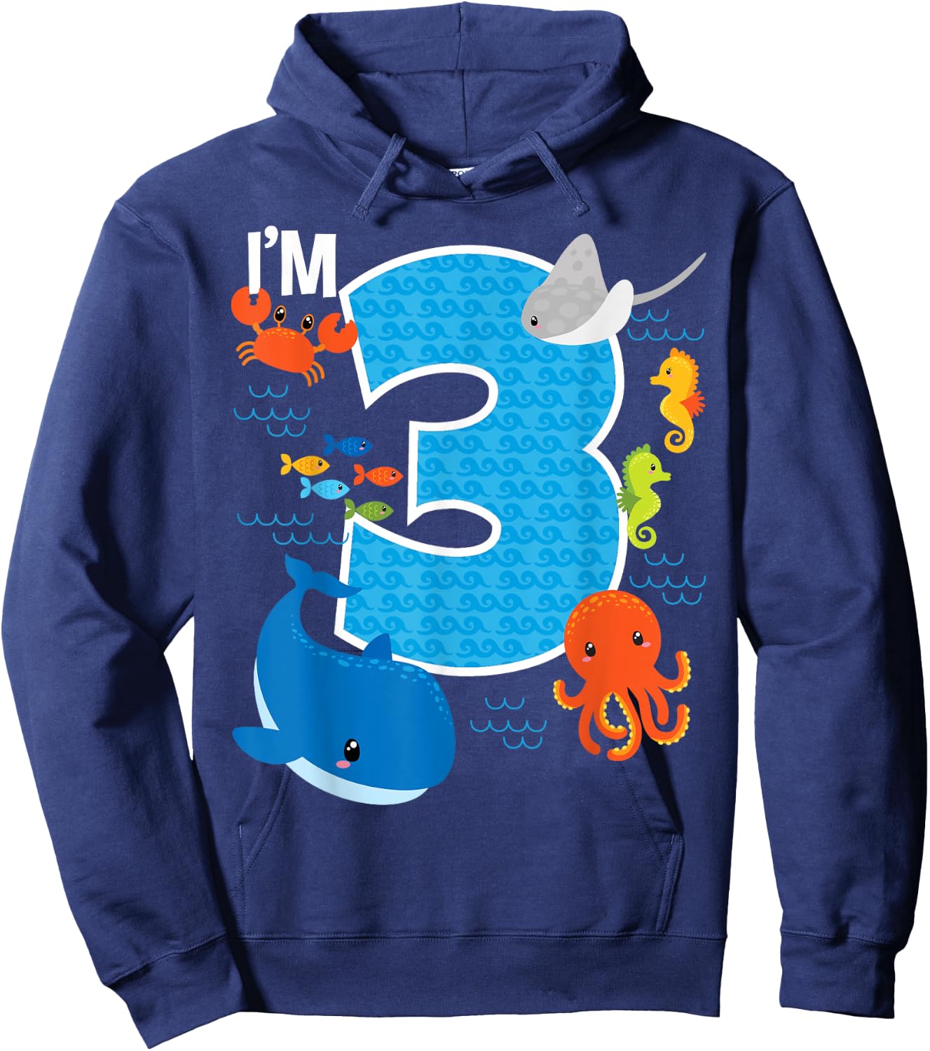 Kids 3 Year Old Birthday Whale Fish Sea Bday Boys and Girls Hoodie - Hoodie | Navy