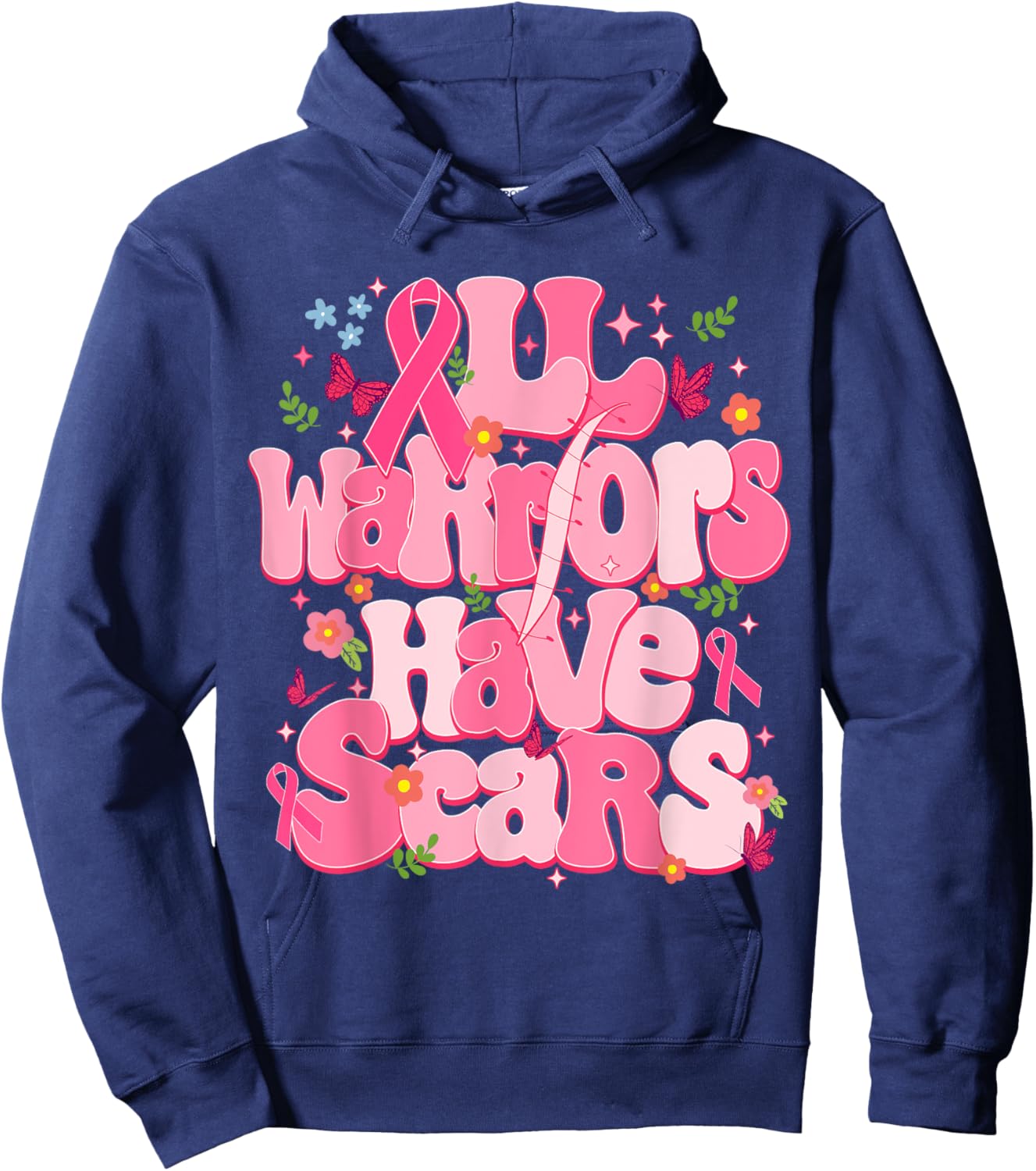 All Warriors Have Scars Pink Ribbon Breast Cancer Awareness Hoodie - Hoodie | Navy