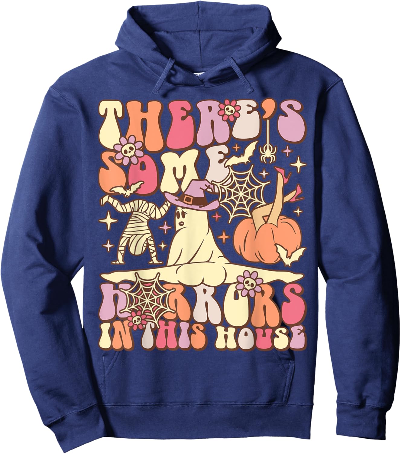 There's Some Horrors In This House Groovy Ghost Halloween Hoodie - Hoodie | Navy