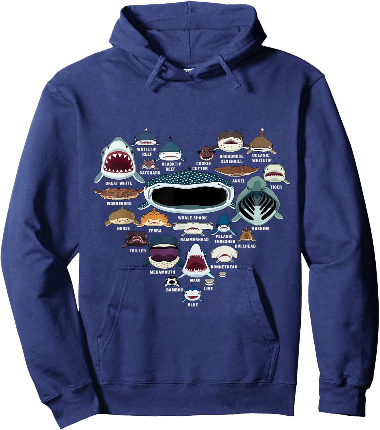 Types Of Shark Identification - Shark Faces - Shark Heart Hoodie - Hoodie | Navy