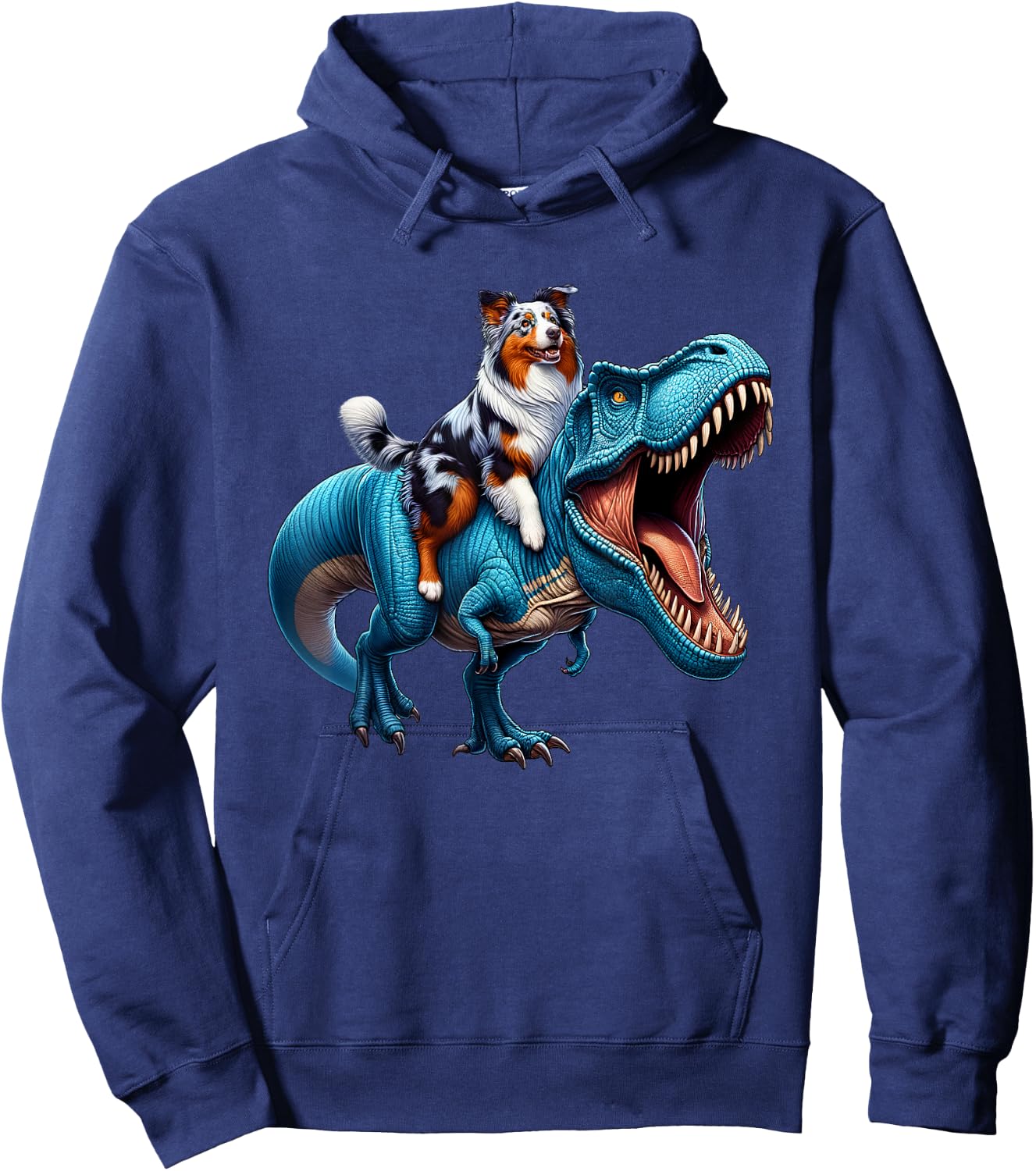 Australian Shepherd Riding T-Rex Dinosaur Funny Dog Lover Hoodie - Hoodie | Navy