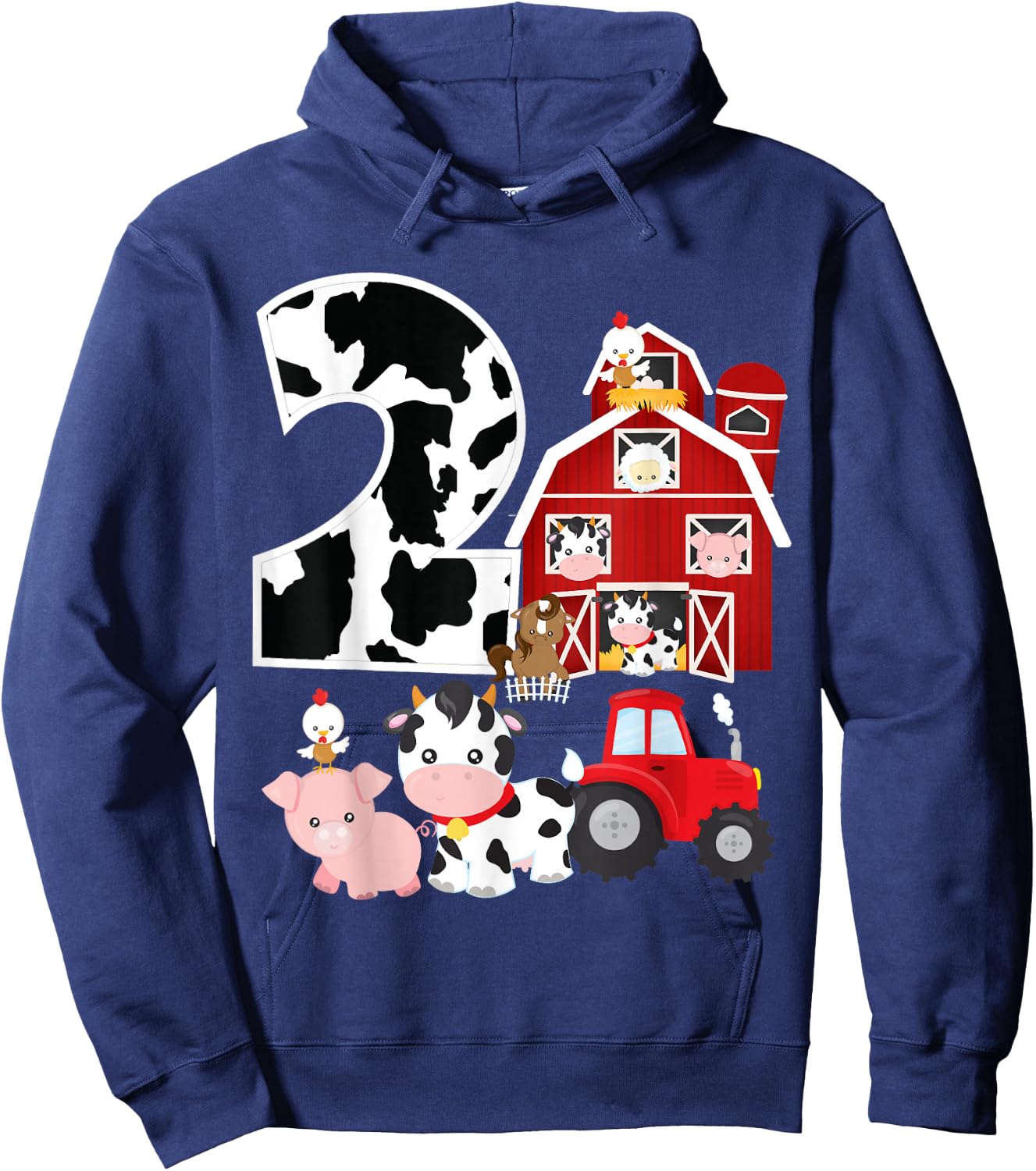 Farm Barnyard Theme Pig Cow Horse 2nd Birthday 2 Yrs Old Hoodie - Hoodie | Navy