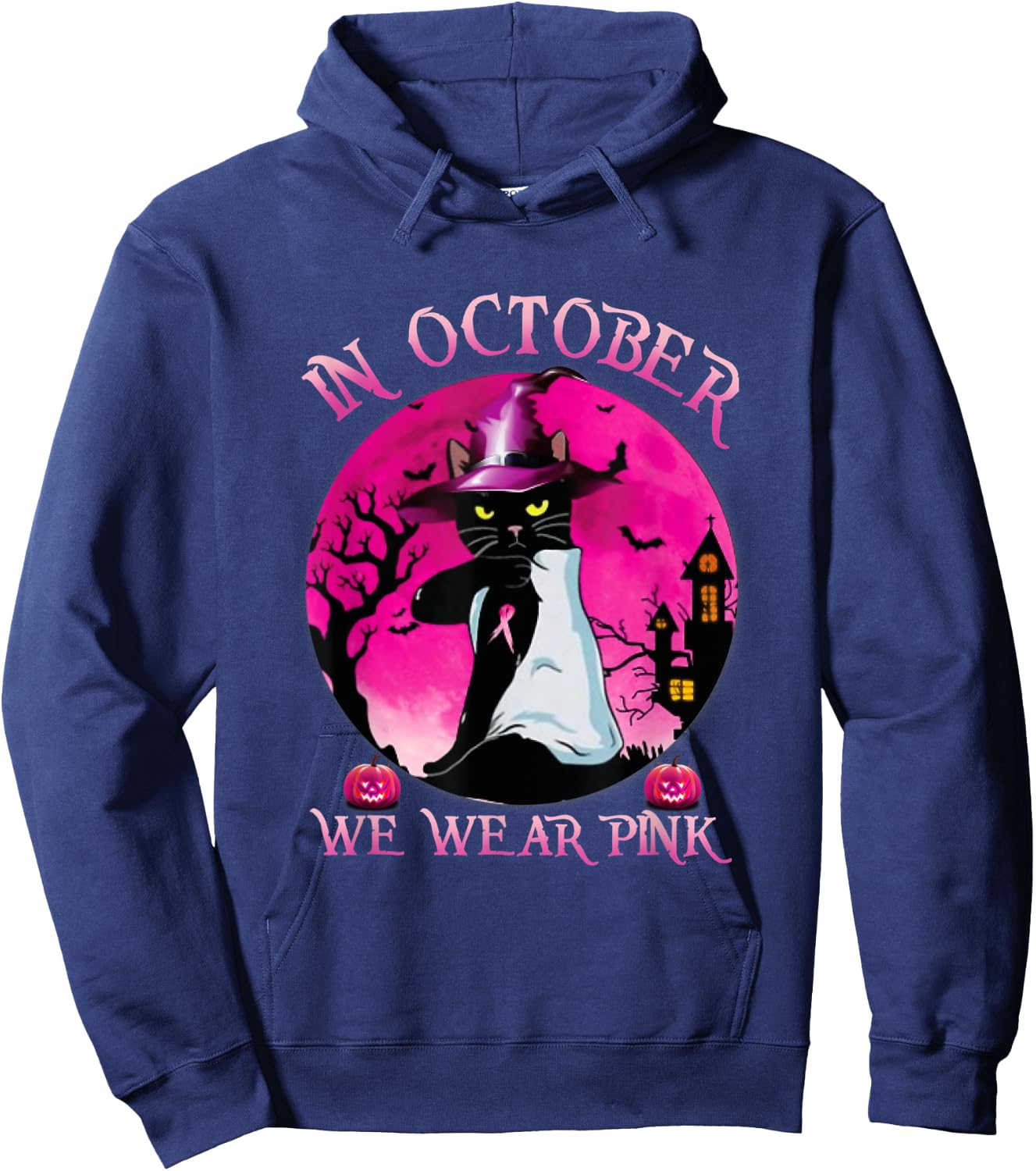 Black Cat In October We Wear Pink Funny Halloween Gifts Hoodie - Hoodie | Navy