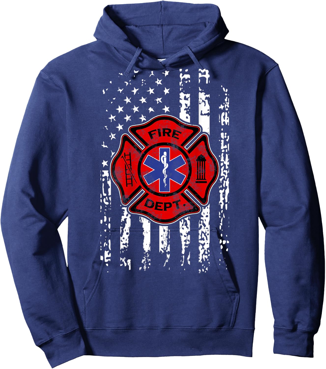 EMT Firefighter Shirt Fireman EMS USA Flag Gift Back Print Hoodie - Hoodie | Navy