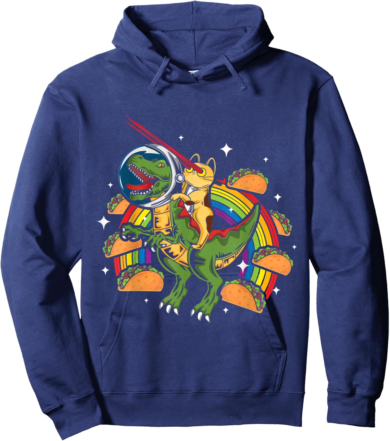 Crazy T-Rex Riding Cat Laser Eye Taco Rainbow Space Dinosaur Women Girls Kids Hoodie - Hoodie | Navy