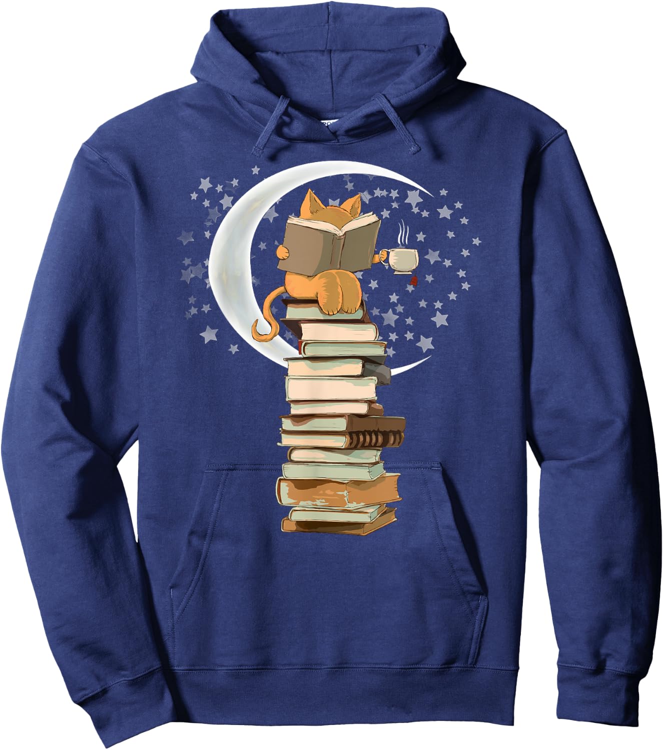 Kawaii Reading by moonlight, books, coffee and cute cat Men Women Girls Kids Hoodie - Hoodie | Navy
