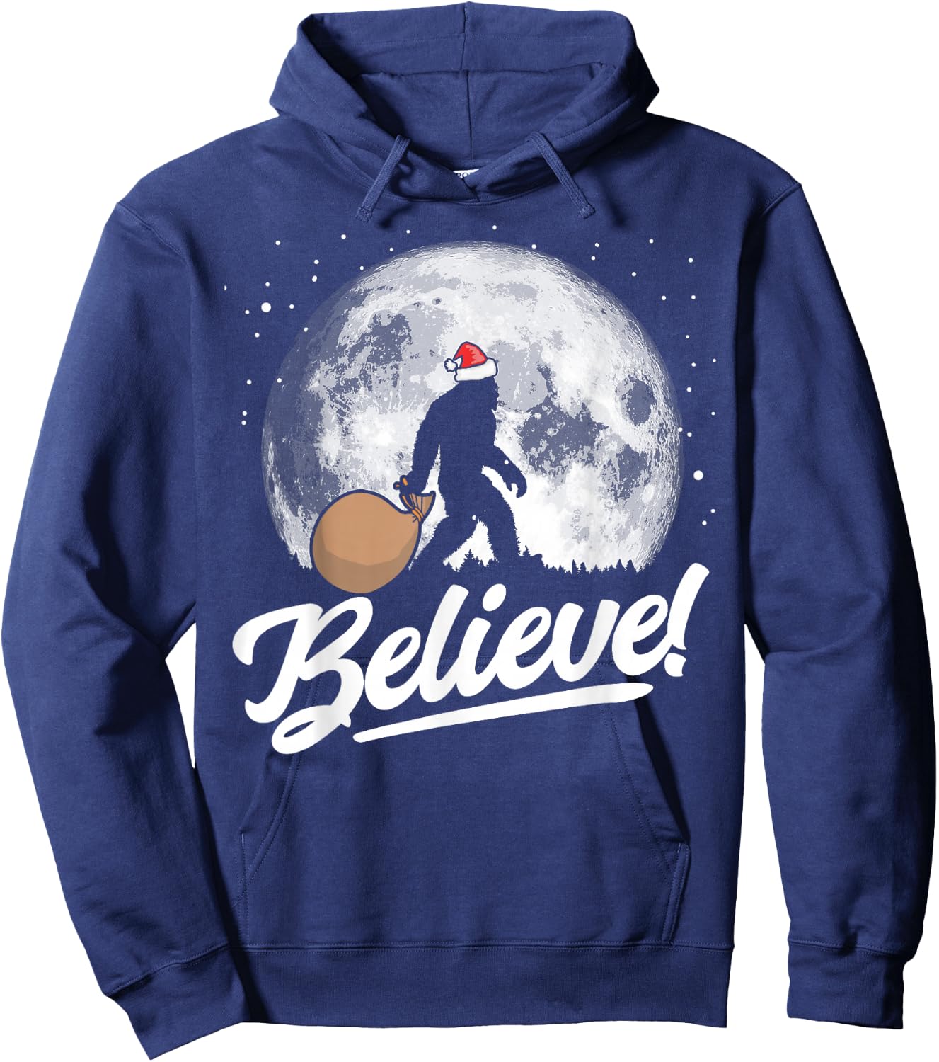 Believe! Santa Bigfoot Christmas Snow & Moon Night Graphic Hoodie - Hoodie | Navy