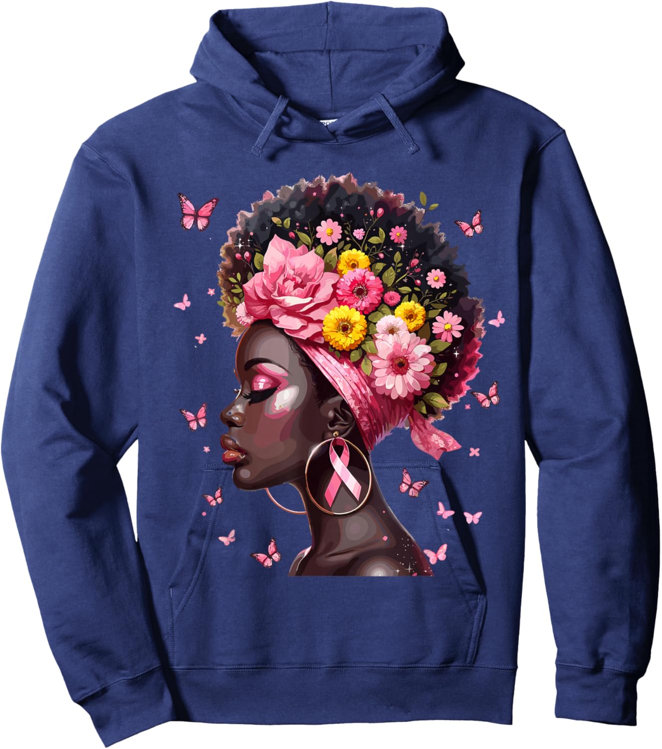 In October We Wear Pink Black Woman Breast Cancer Awareness Hoodie - Hoodie | Navy