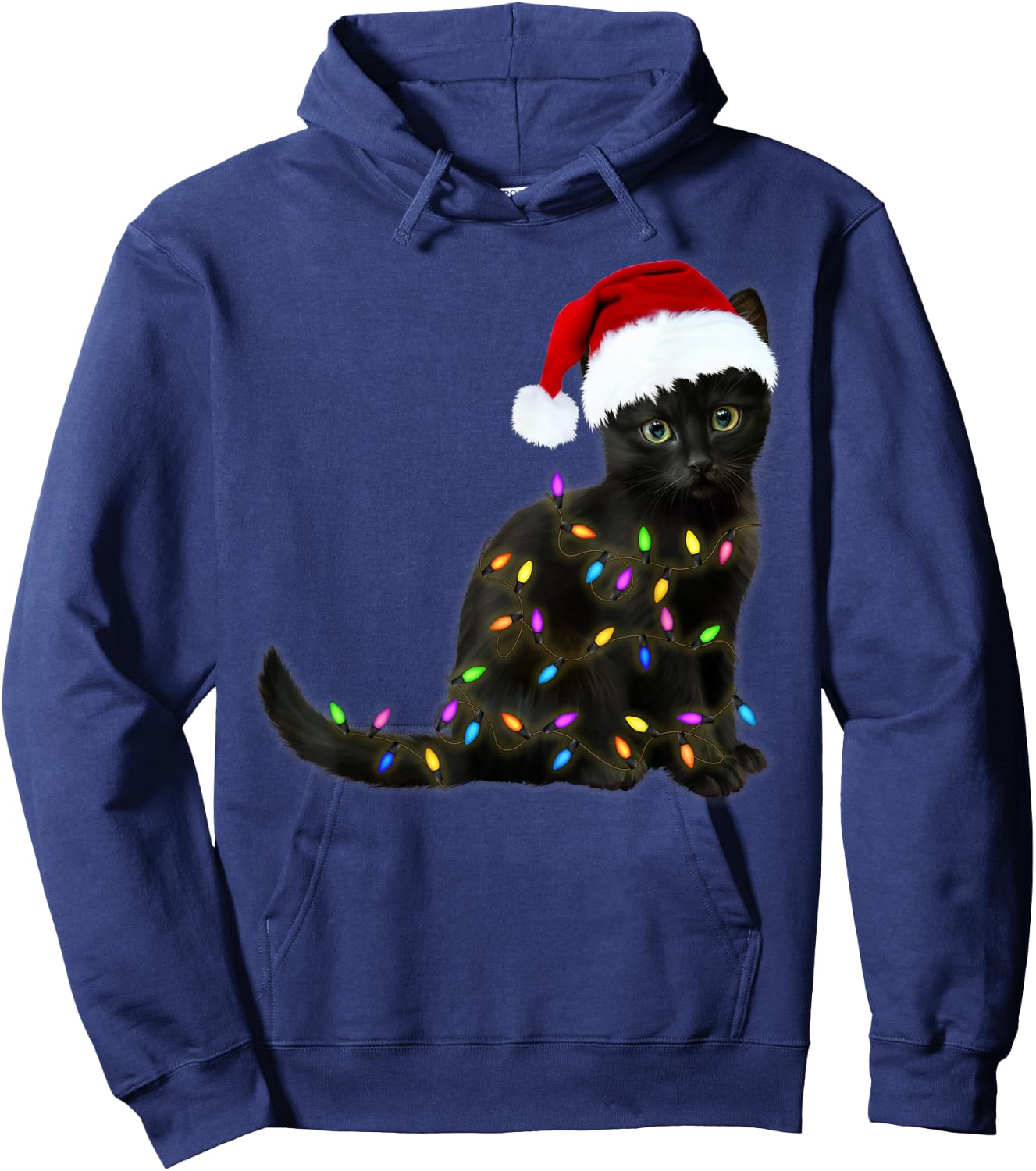 Black Cat with Christmas Light Funny Cat Lover Christmas Hoodie - Hoodie | Navy