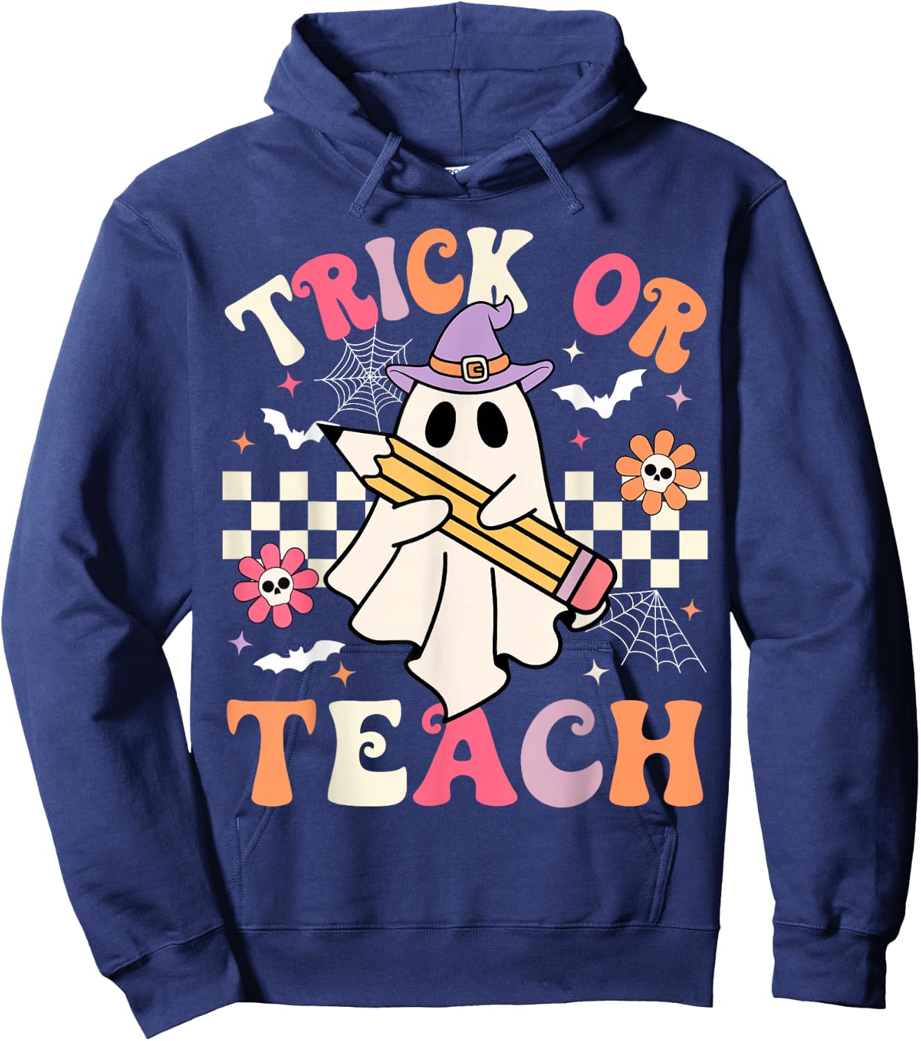 Trick Or Teach Groovy Teacher Halloween Retro Floral Ghost Hoodie - Hoodie | Navy