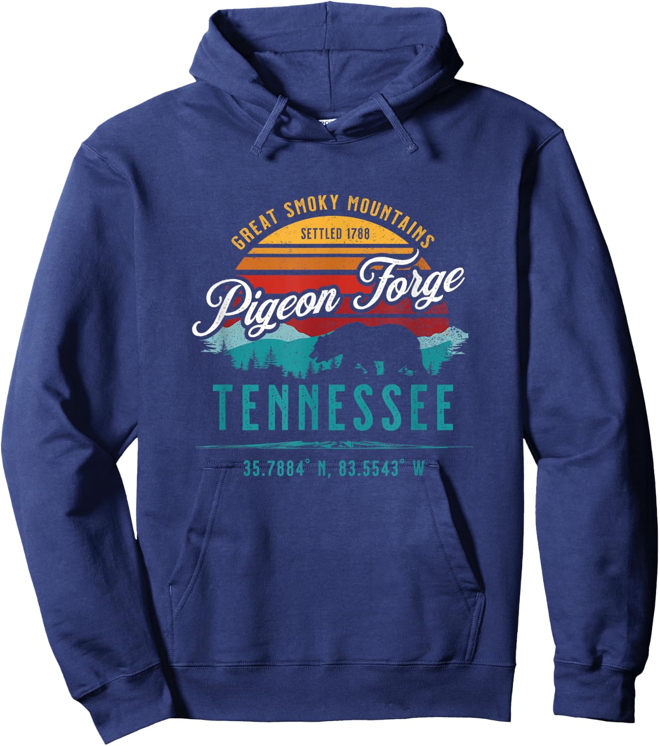 Pigeon Forge Tennessee Great Smoky Mountains Bear Retro Sun Hoodie - Hoodie | Navy
