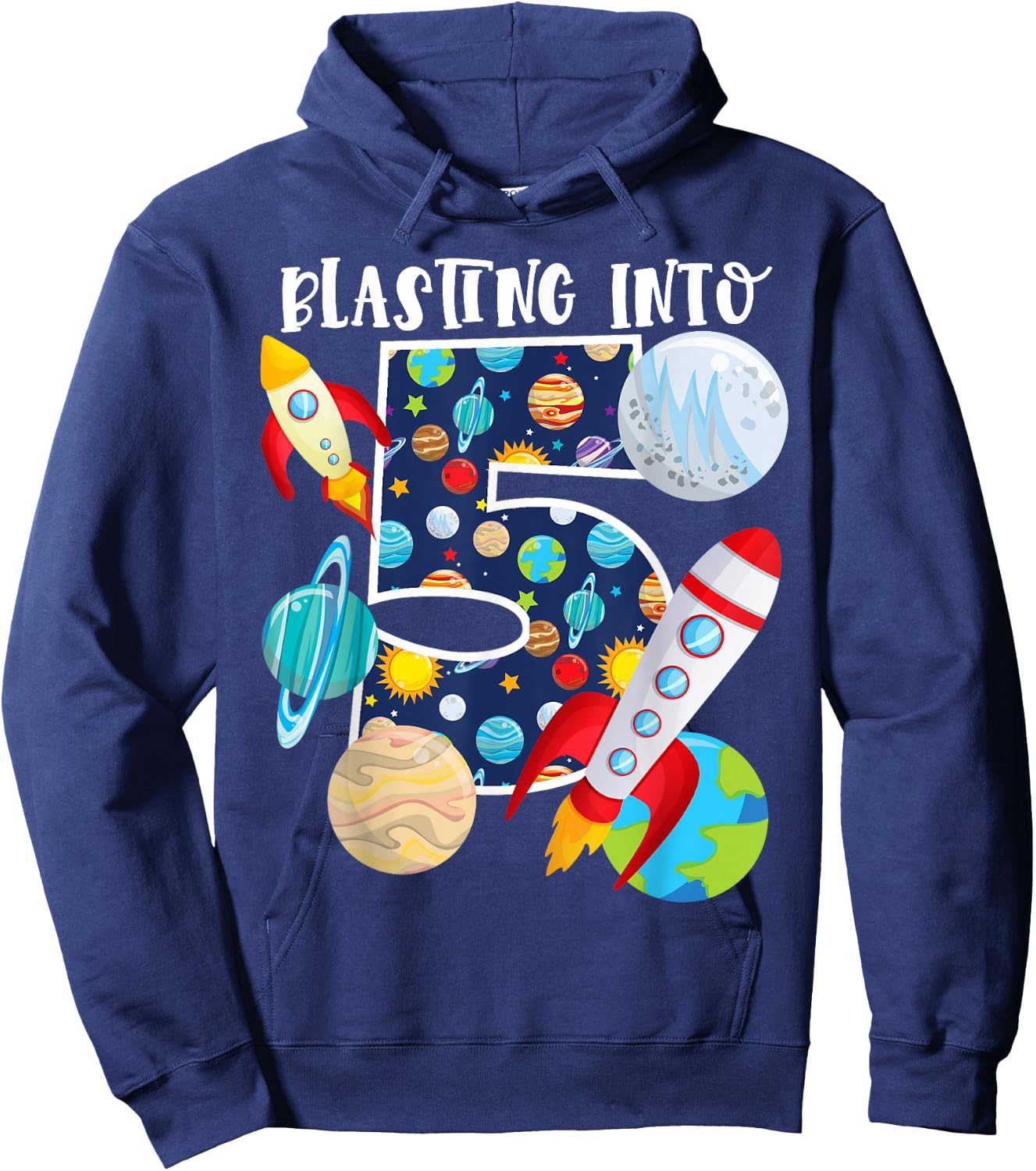 Blasting Into Outer Space 5 Year Old 5th Birthday Party Kids Hoodie - Hoodie | Navy