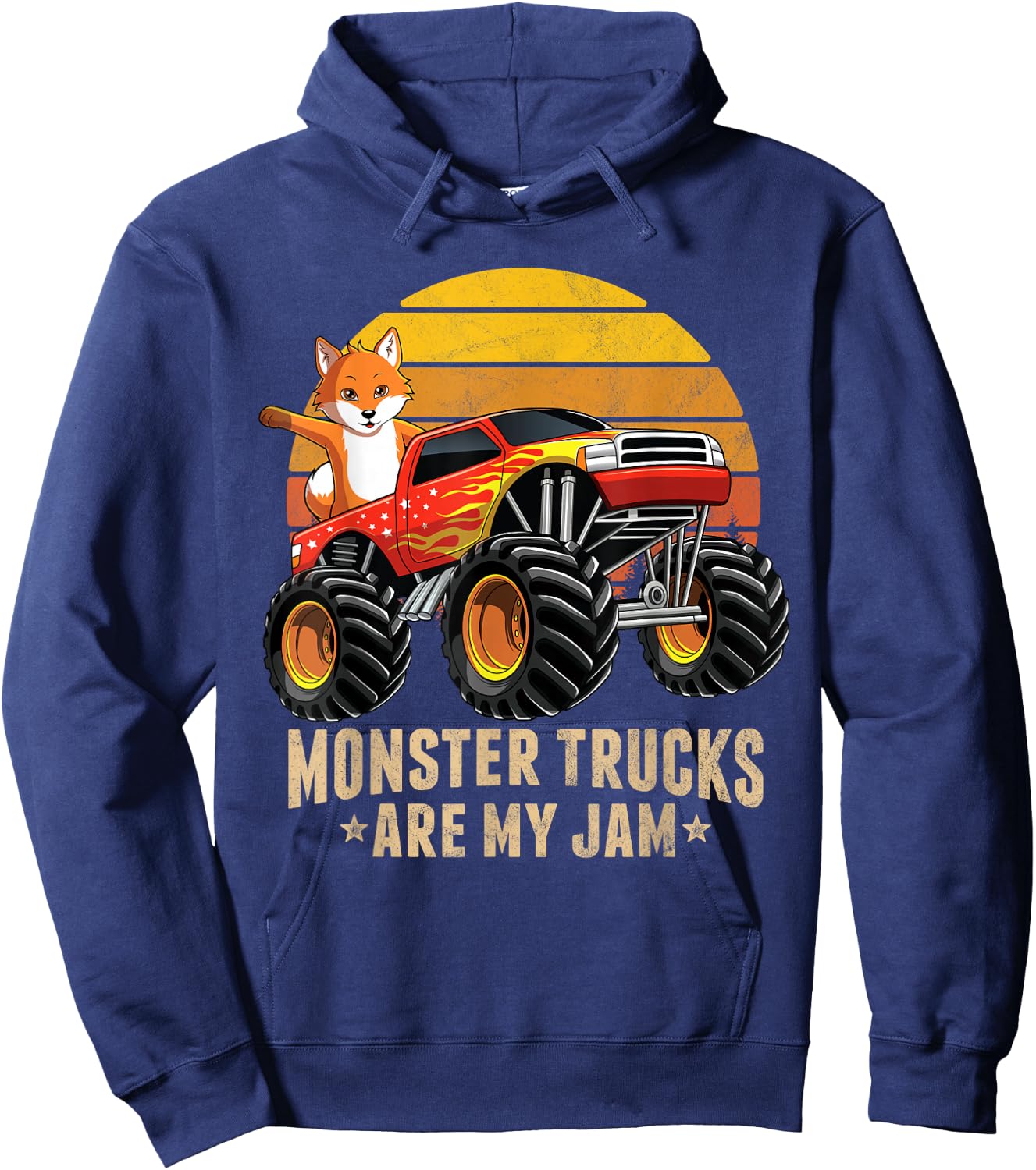 Vintage Fox Monster Truck Are My Jam Retro Sunset Boys Gift Hoodie - Hoodie | Navy