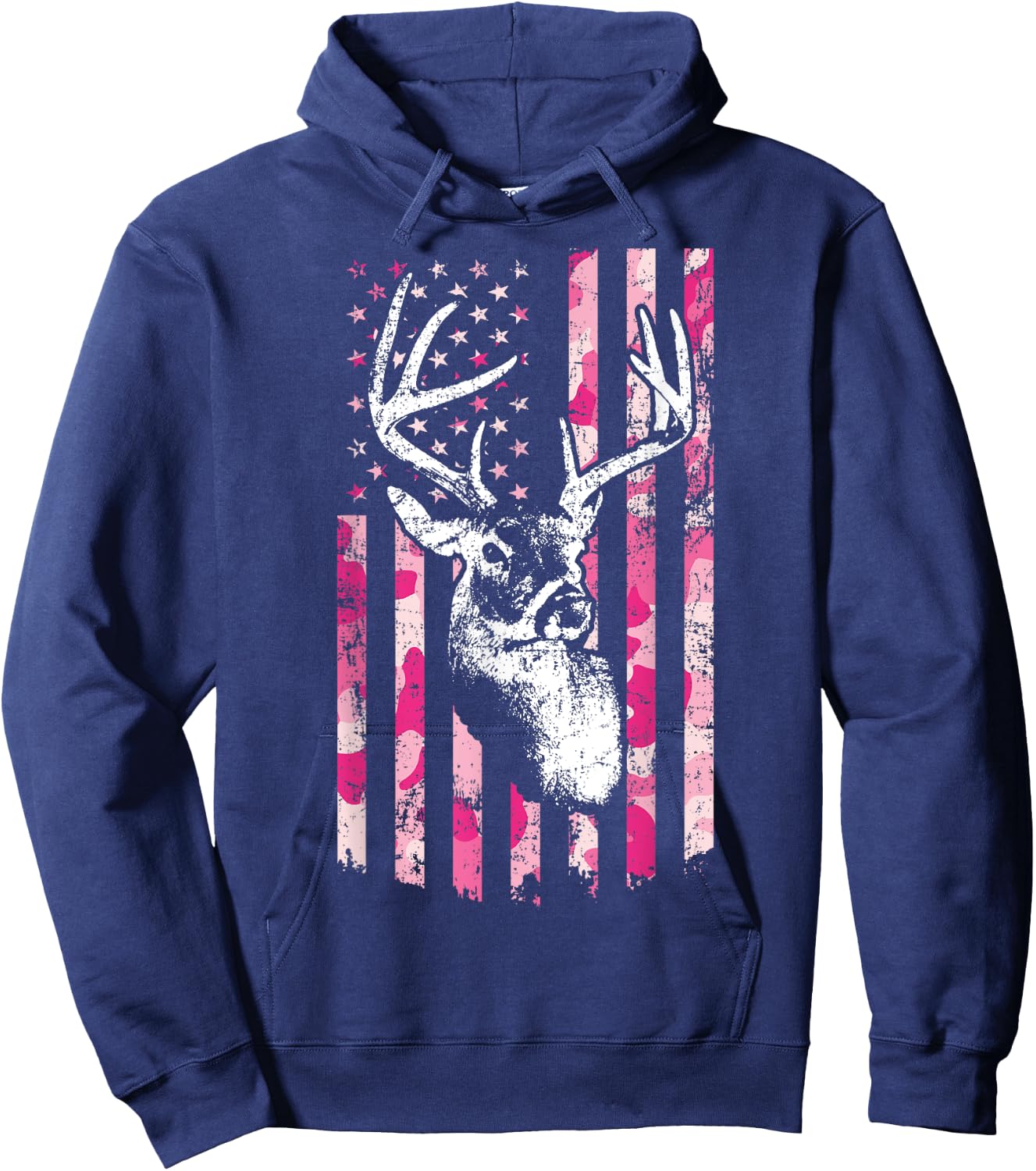 Whitetail Buck Deer Hunting Pink Camo American Flag Hoodie - Hoodie | Navy
