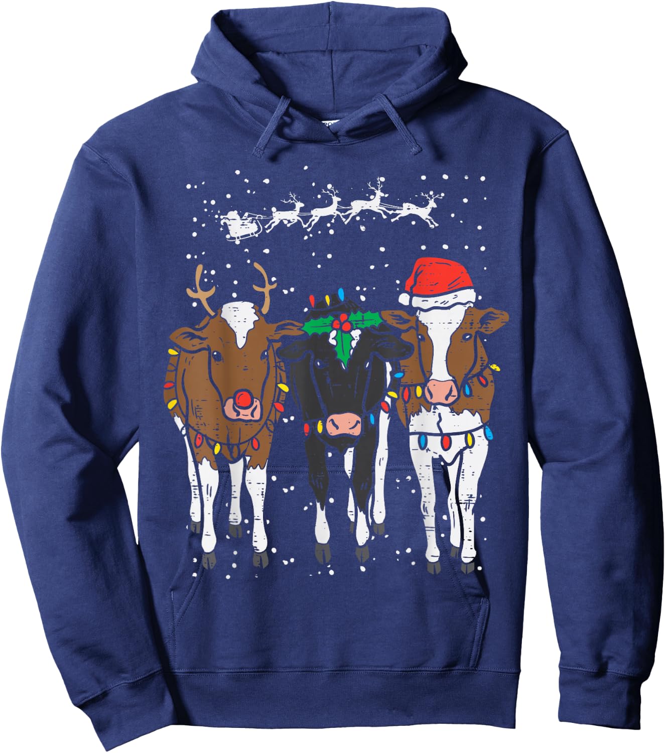 Reindeer Santa Cows Funny Farm Christmas Animal Lover PJ Hoodie - Hoodie | Navy