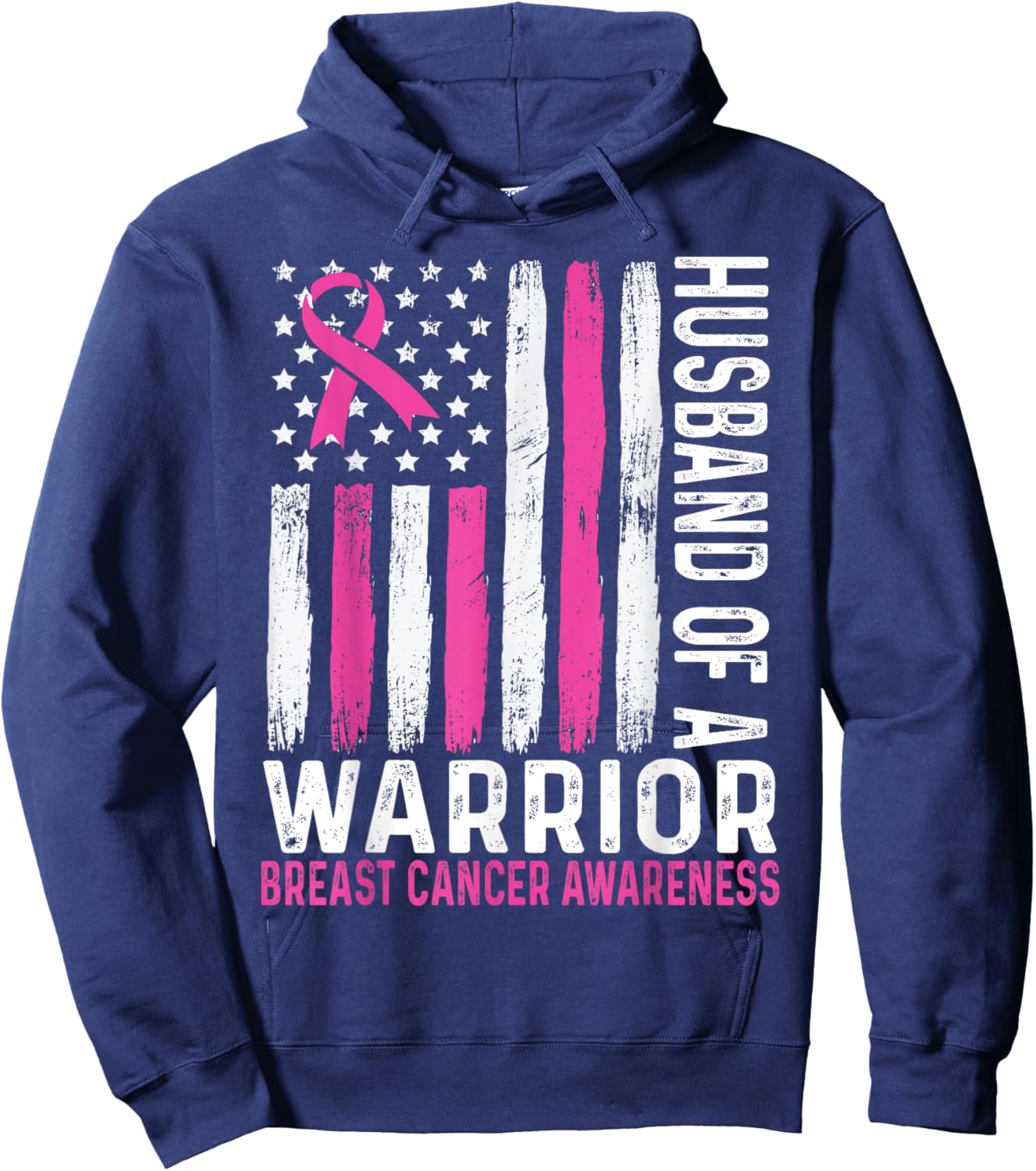 Husband of a Warrior Cancer USA American Flag Breast Cancer Hoodie - Hoodie | Navy