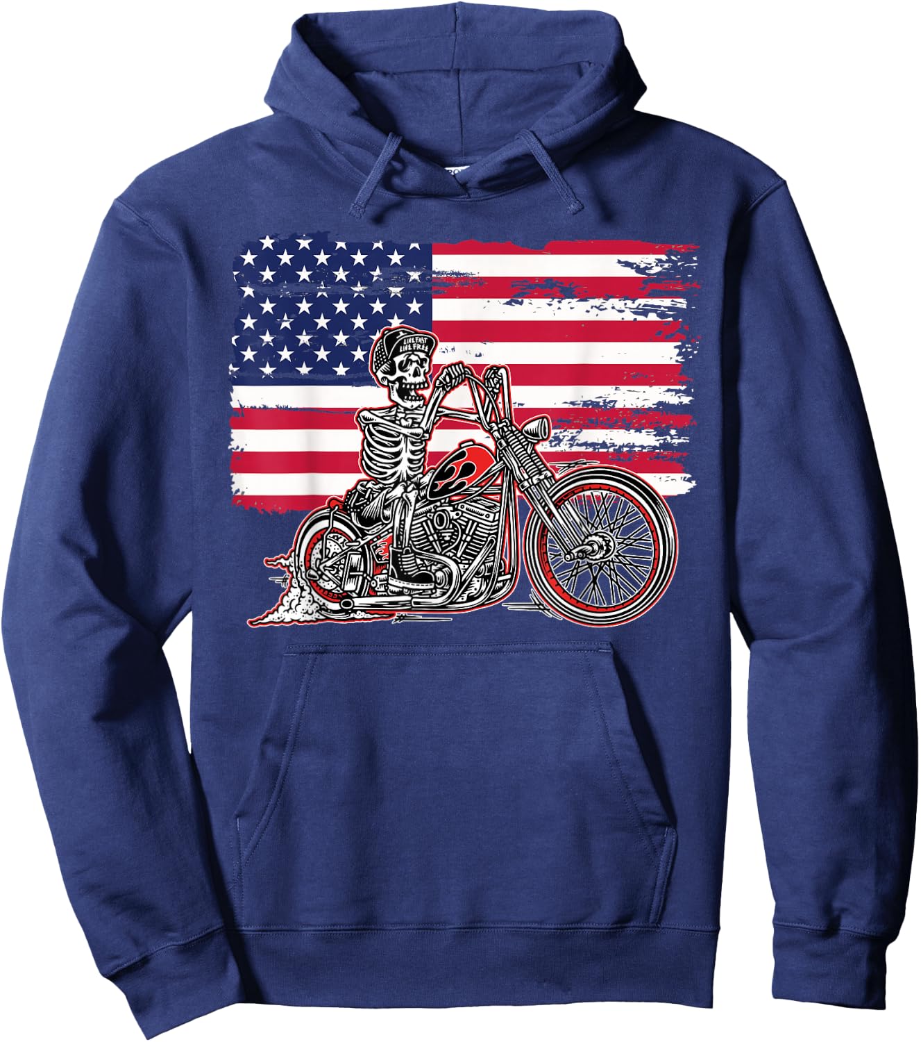 American Flag Motorcycle Skeleton Biker Bobber Chopper Rider Hoodie - Hoodie | Navy