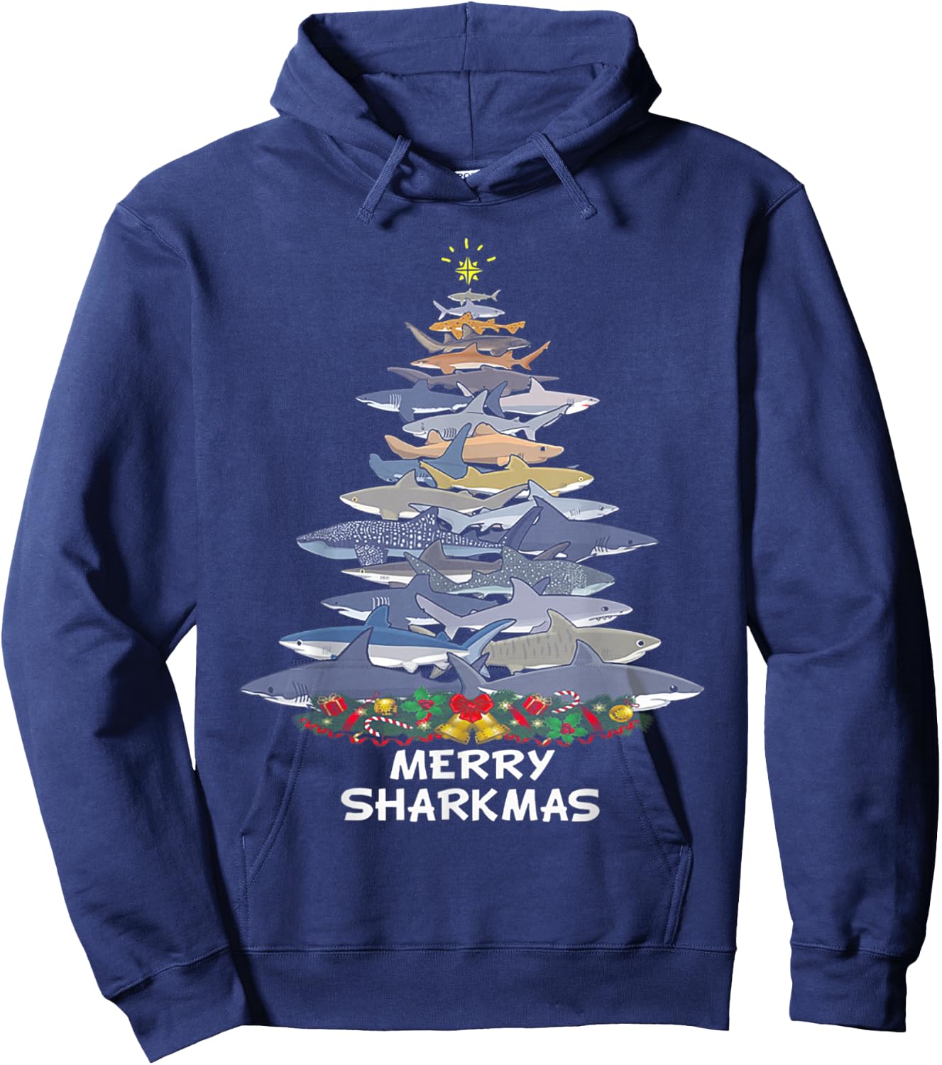 Merry Sharkmas Funny Shark Tree Xmas Hoodie - Hoodie | Navy