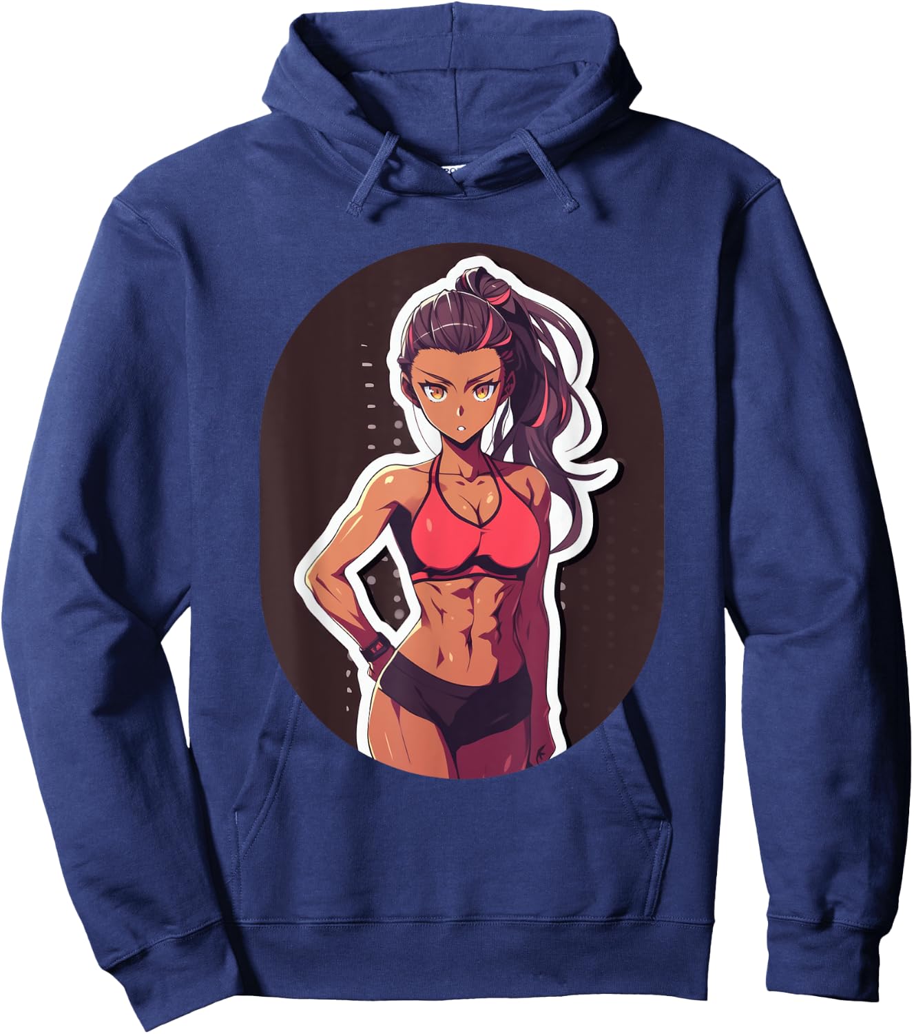 Dark Skin Anime & Manga Style Gym Girl Posing in Gym Clothes Hoodie - Hoodie | Navy