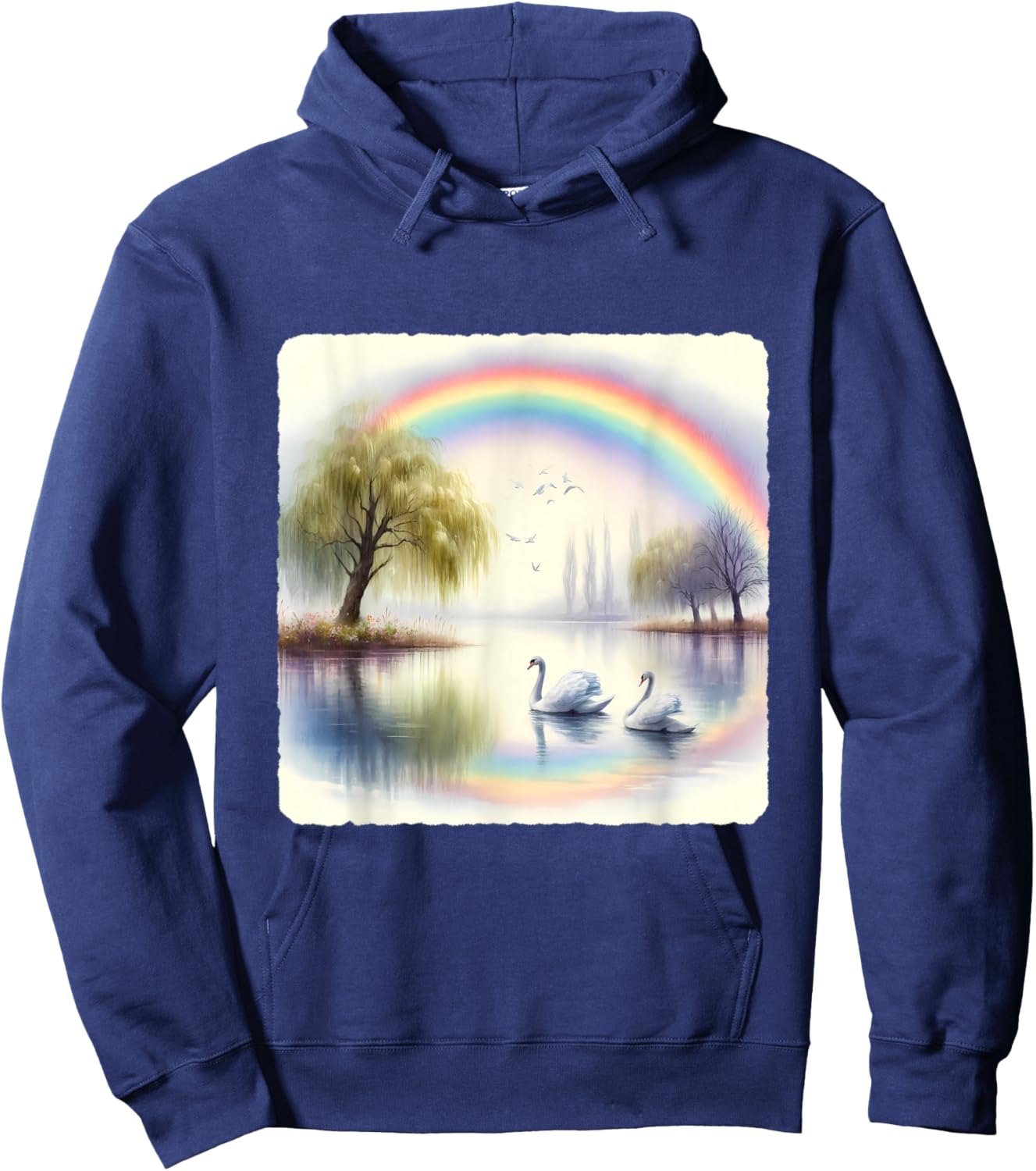 Rainbow Over Swan Lake With Swans. Willow Trees Peaceful Hoodie - Hoodie | Navy