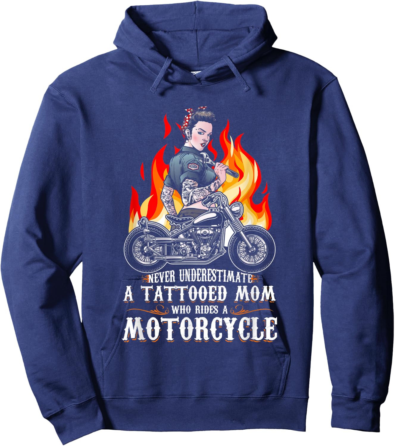 Never Underestimate A Tattooed Mom Motorcycle Biker Mom Hoodie - Hoodie | Navy