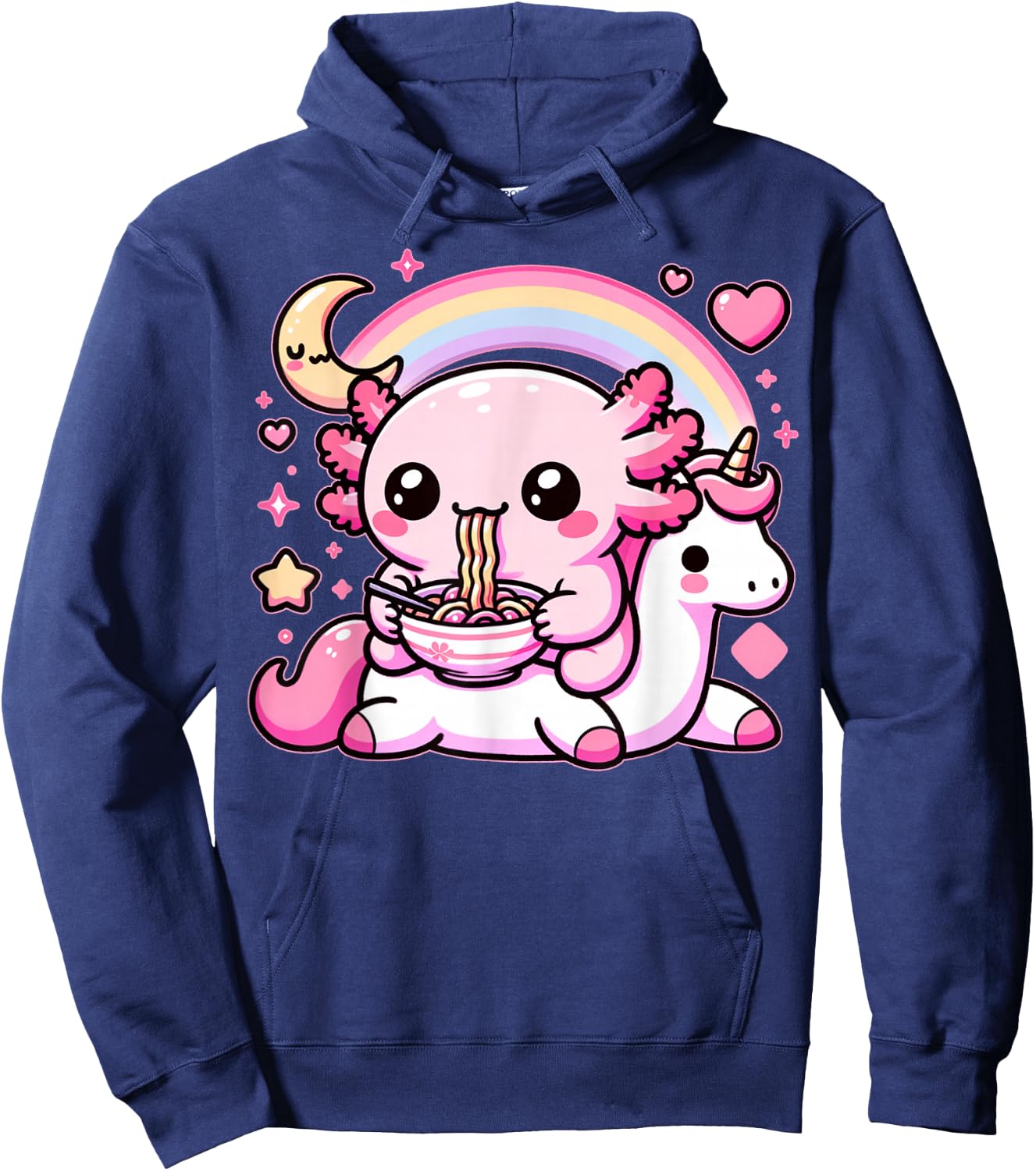 Anime Kawaii Axolotl Eating Ramen Noodles Kids Teen Girl Boy Hoodie - Hoodie | Navy