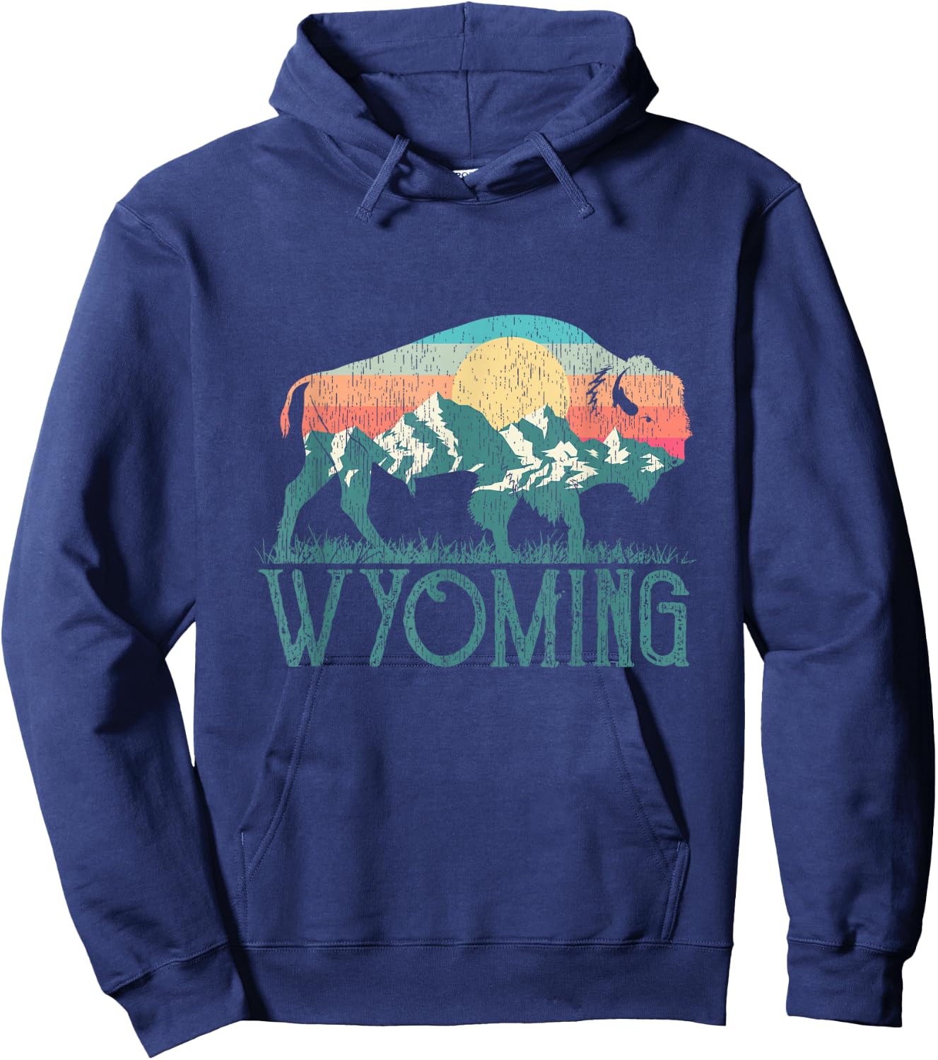 Bison Buffalo Retro Wyoming WY Mountains Retro Hoodie - Hoodie | Navy