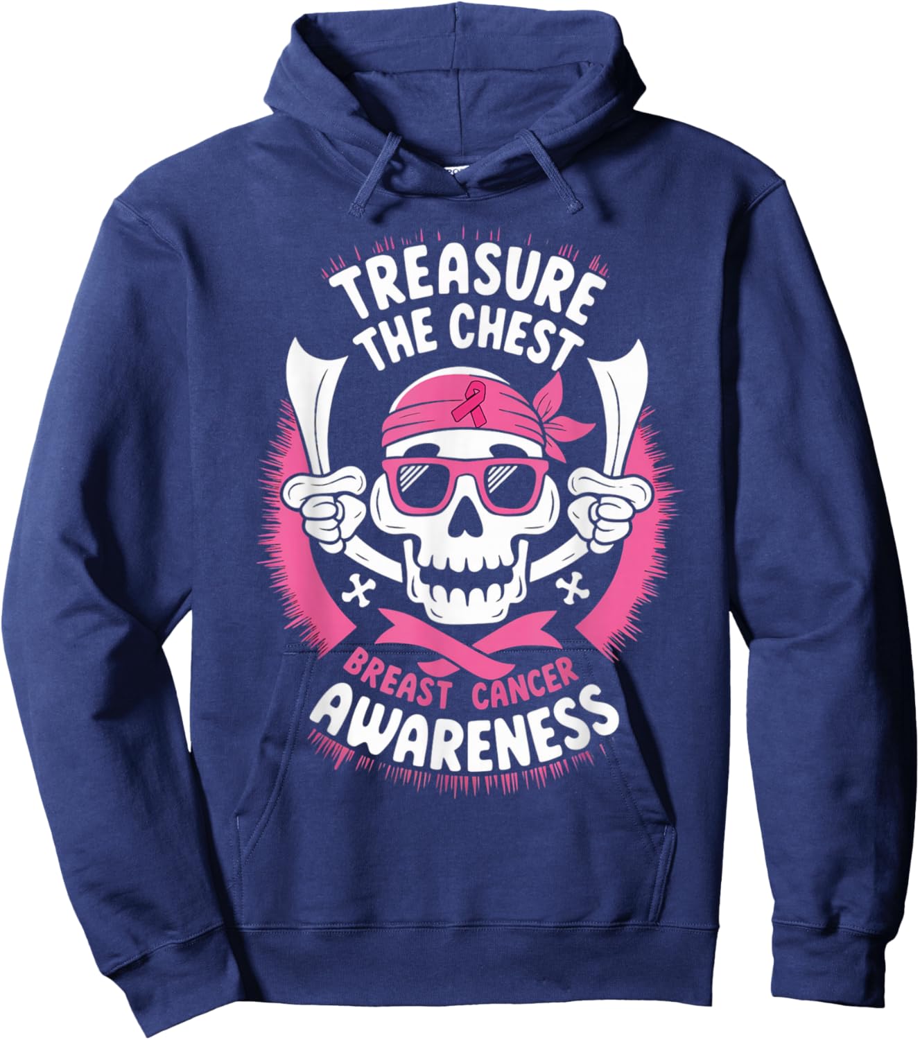 Pink Ribbon Breast Cancer Pirate Skull Treasure the Chest Hoodie - Hoodie | Navy